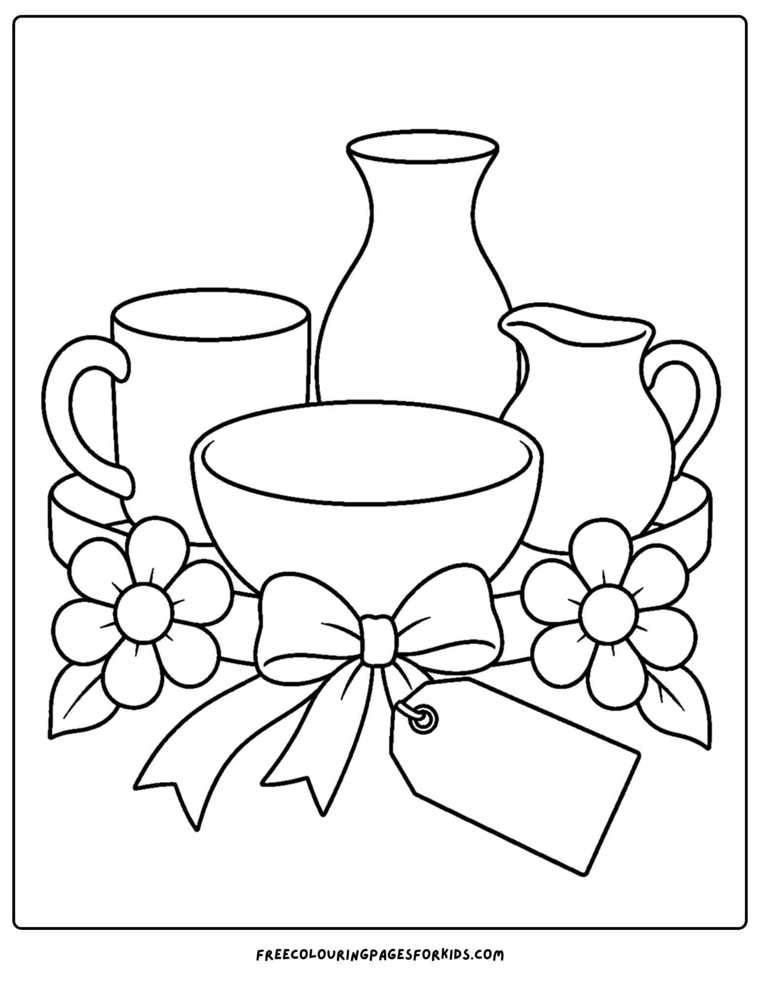 a pottery coloring page showing a gift collection of pottery items
