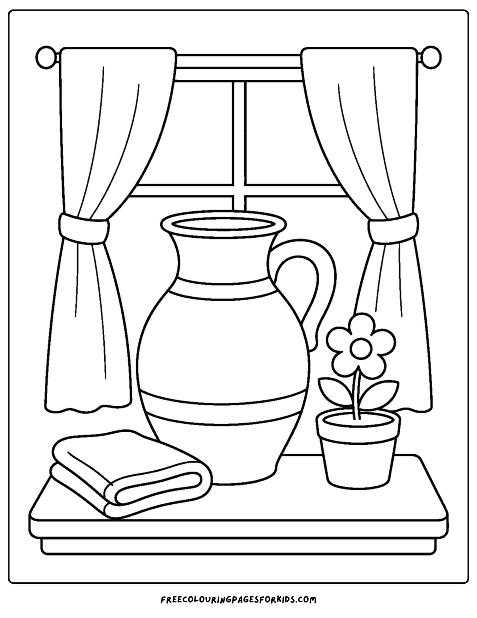 a pottery coloring page showing a big jug placed on a table by a window