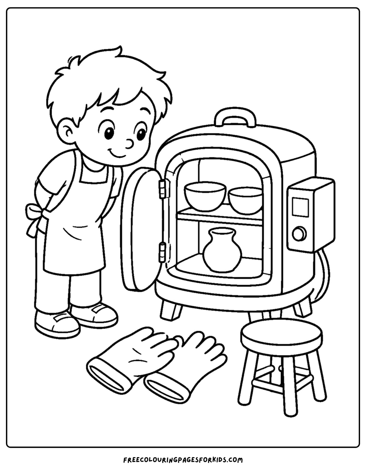 a pottery coloring page showing a child looking into a pottery kiln