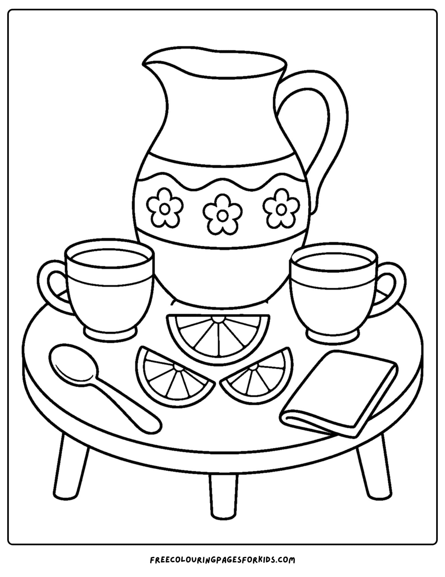 a pottery coloring page showing a water jug wth cups and lemon slices