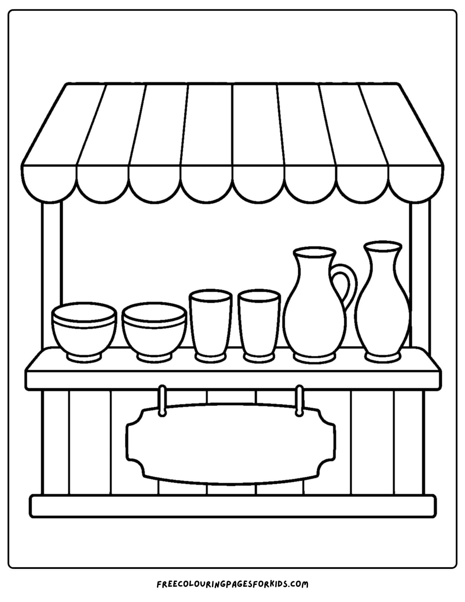 a pottery coloring page showing a pottery market stall setup