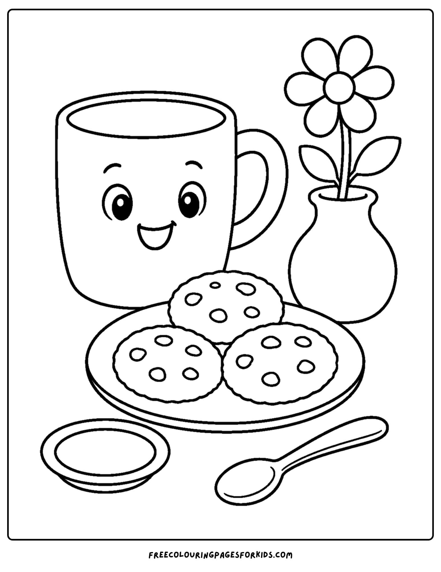 a pottery coloring page showing a pottery mug and cookies