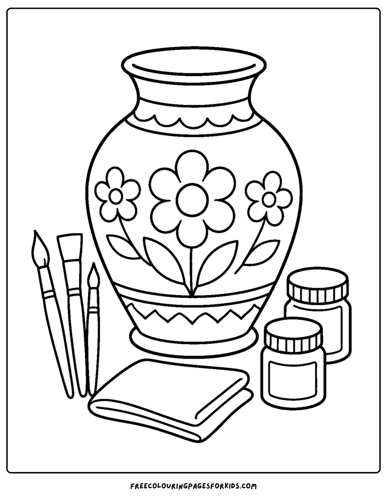 a pottery coloring page showing a painted flower pot