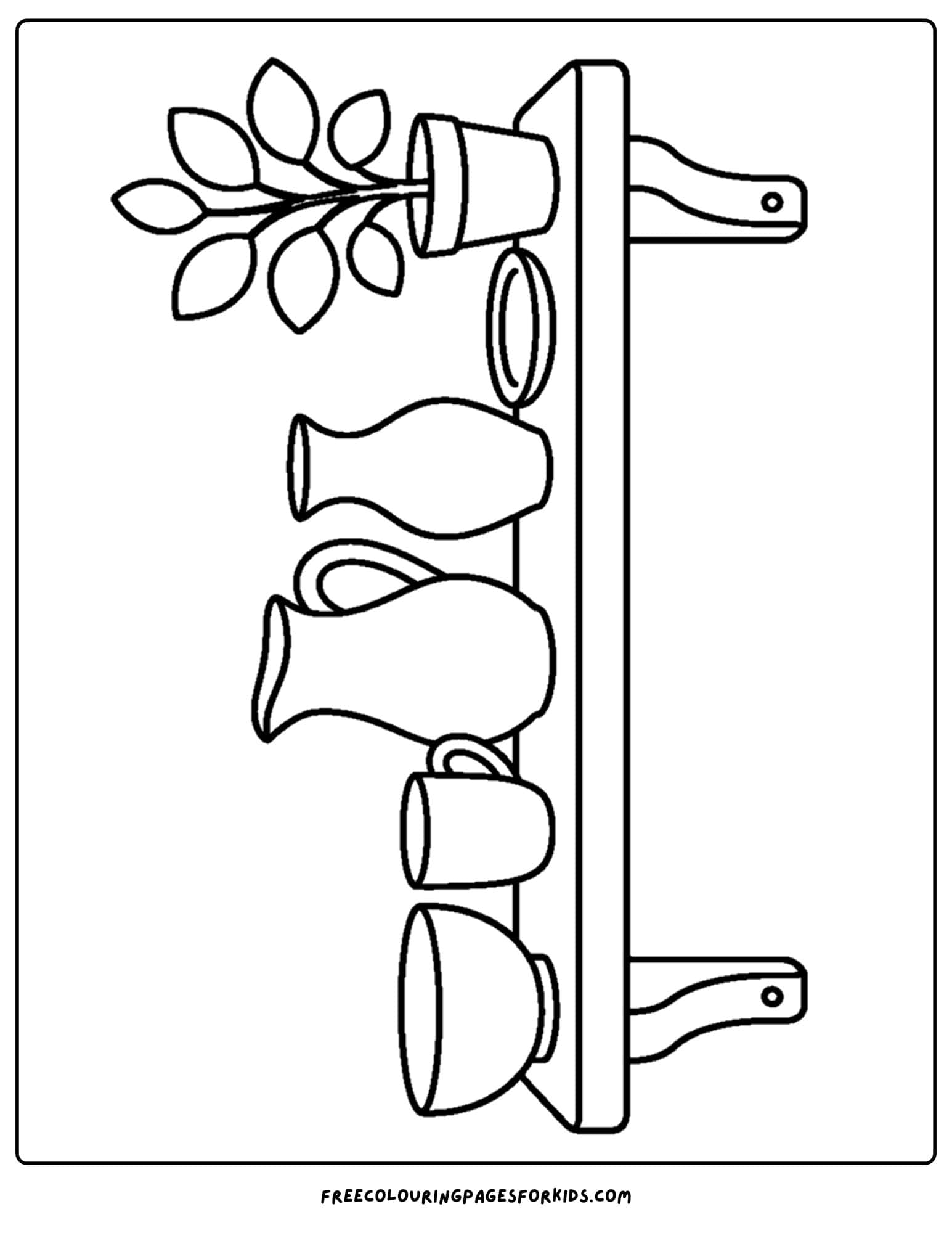 a pottery coloring page showing a shelf with various pottery items on display