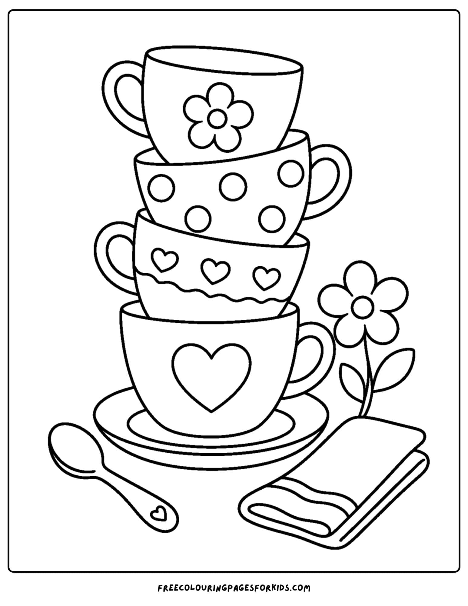 a pottery coloring page showing a stack of cups of various designs