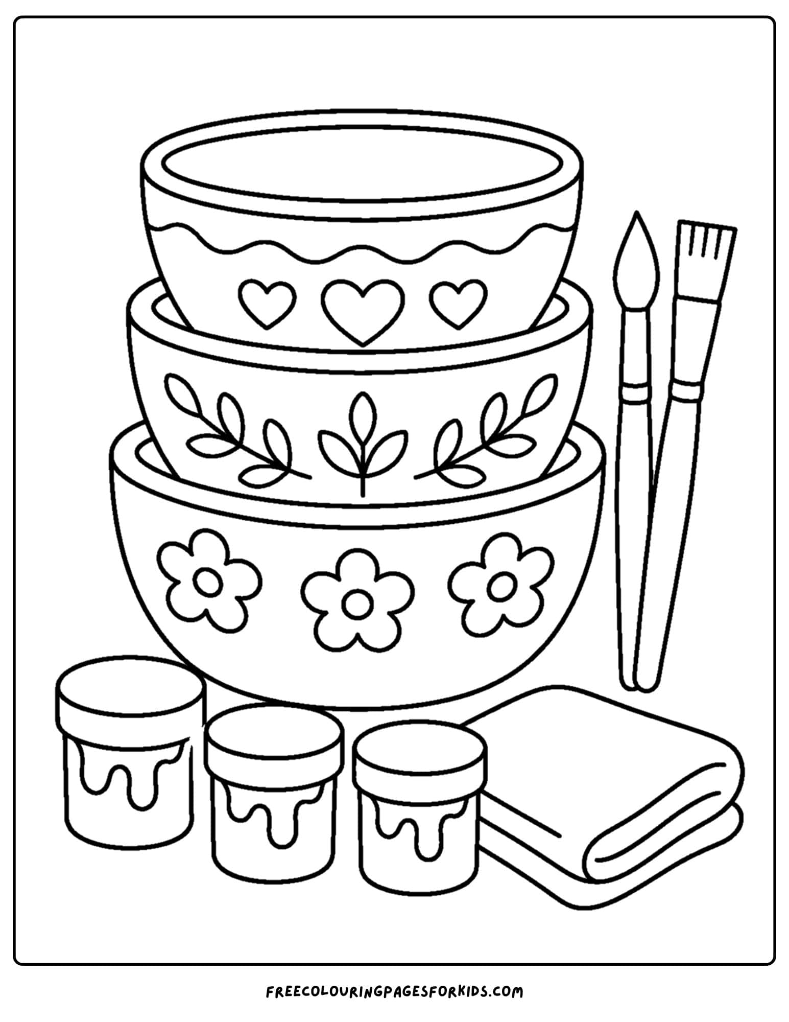 a pottery coloring page showing a stack of decorated pottery bowls