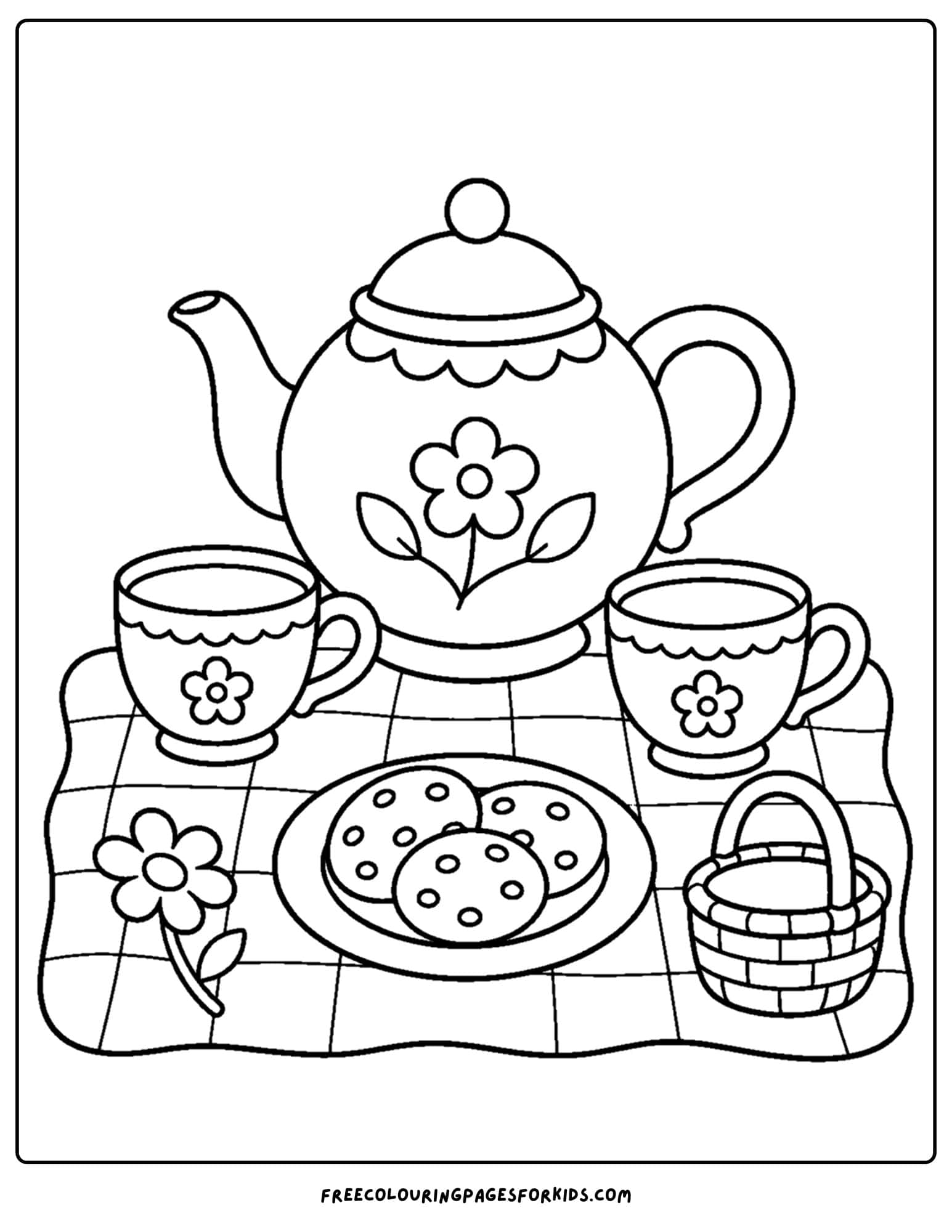 a pottery coloring page showing a tea party set on a picnic