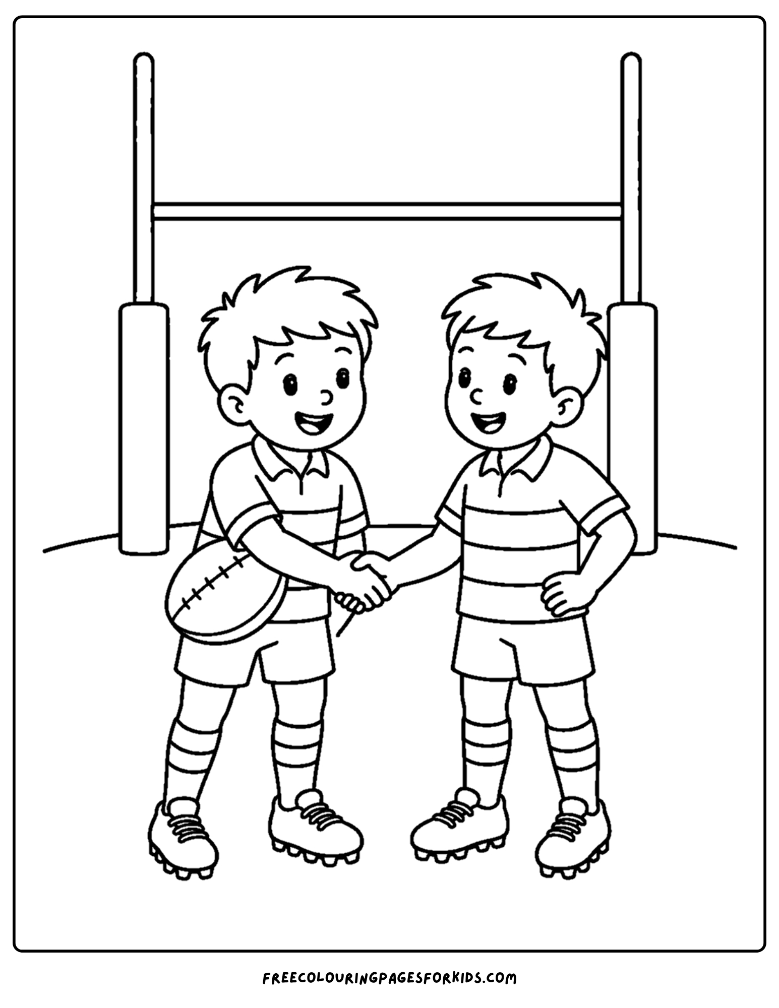 a coloring page of a rugby player shaking hands with the opposition after the game