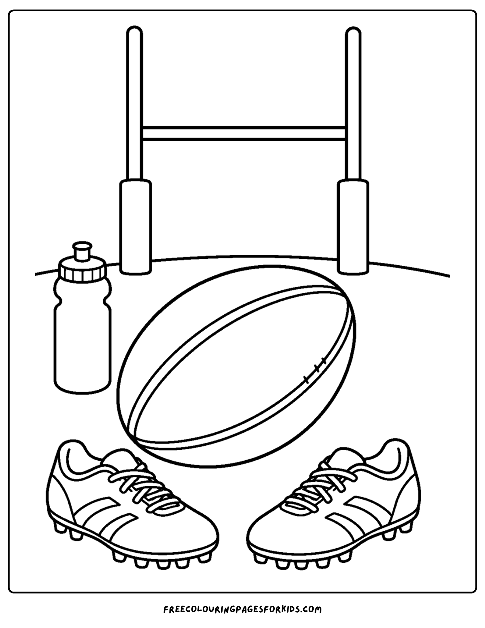 a coloring page of a rugby ball on the ground with boots and goals behind