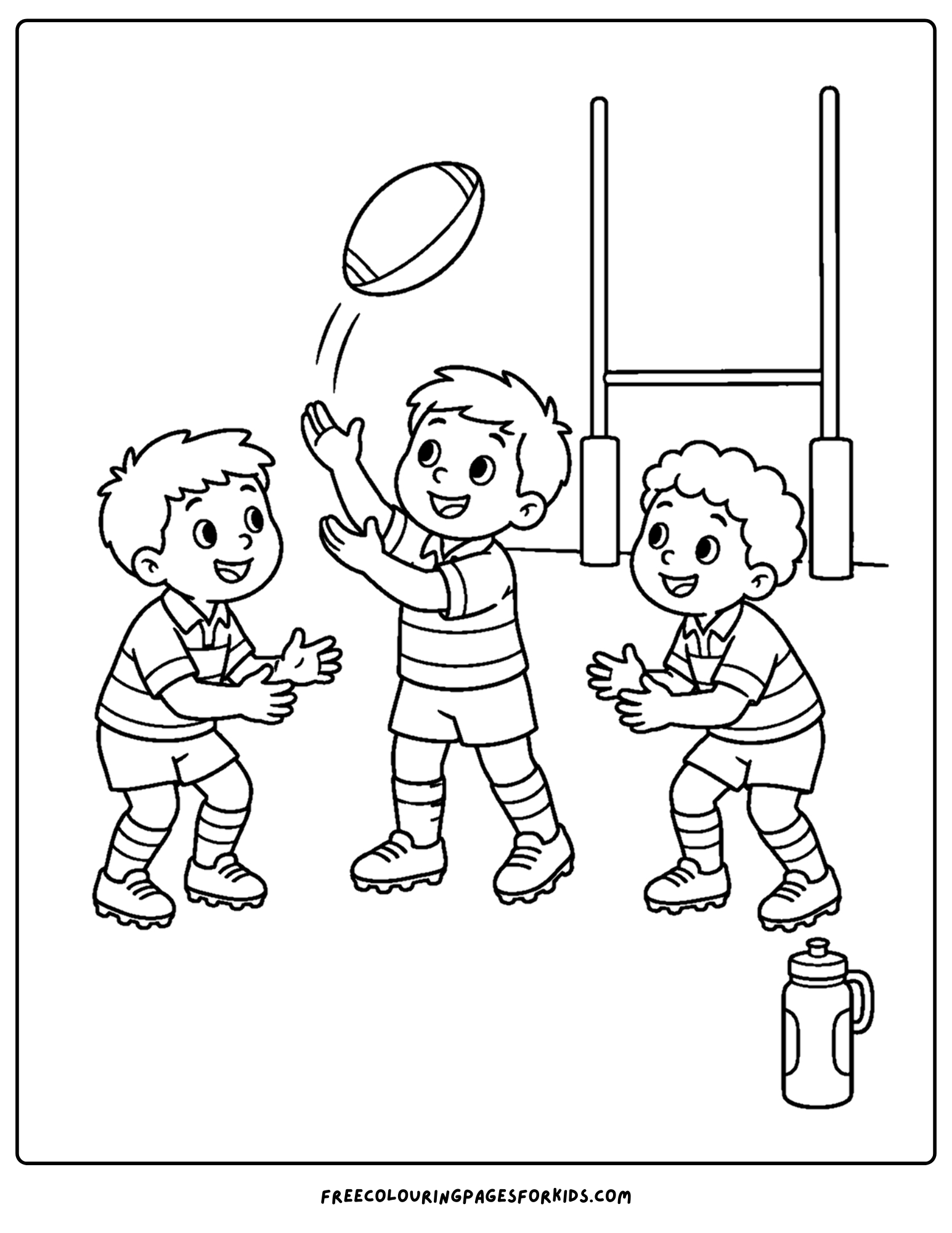 a coloring page of a rugby player passing the ball to another