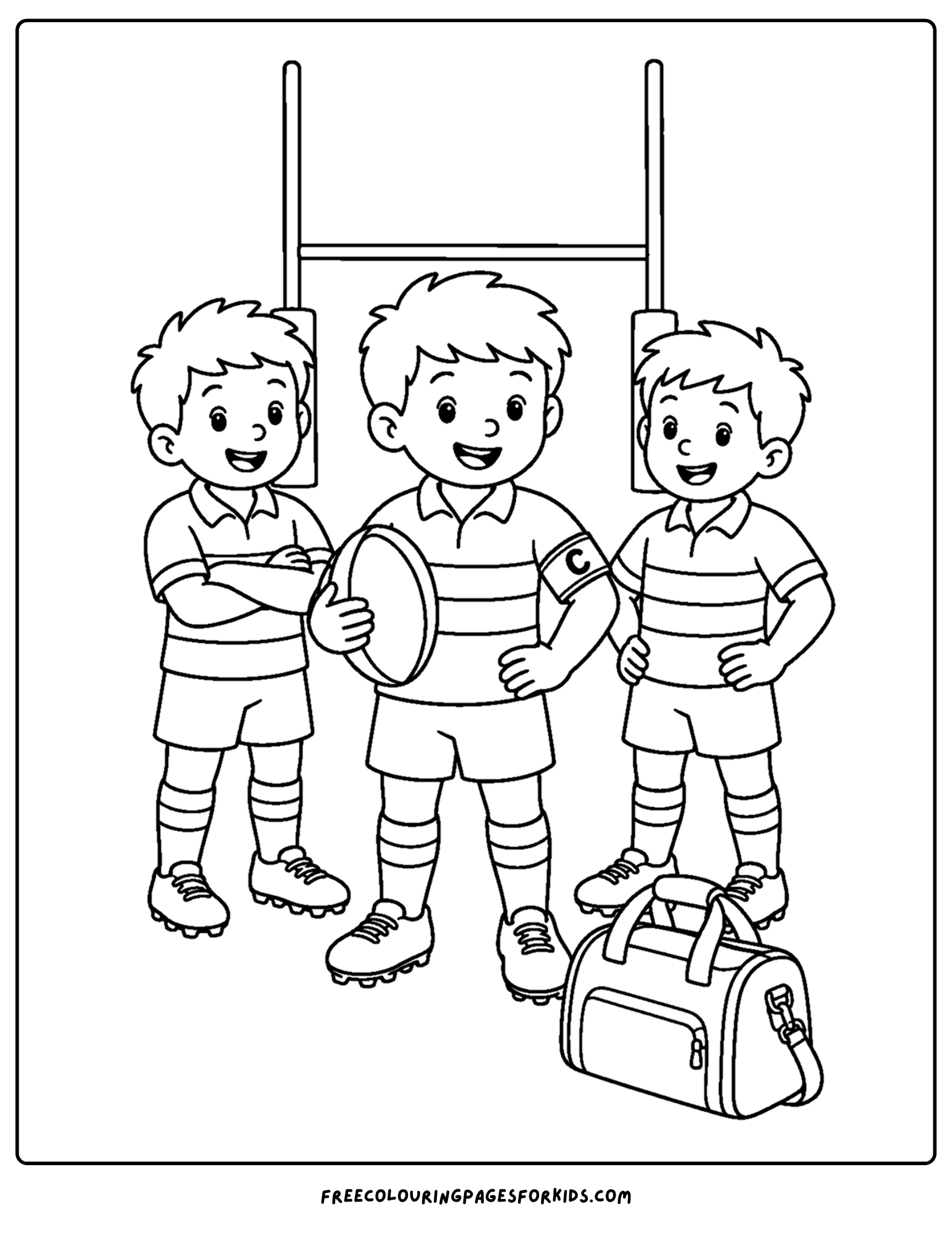 a coloring page of a rugby player captain with team mates