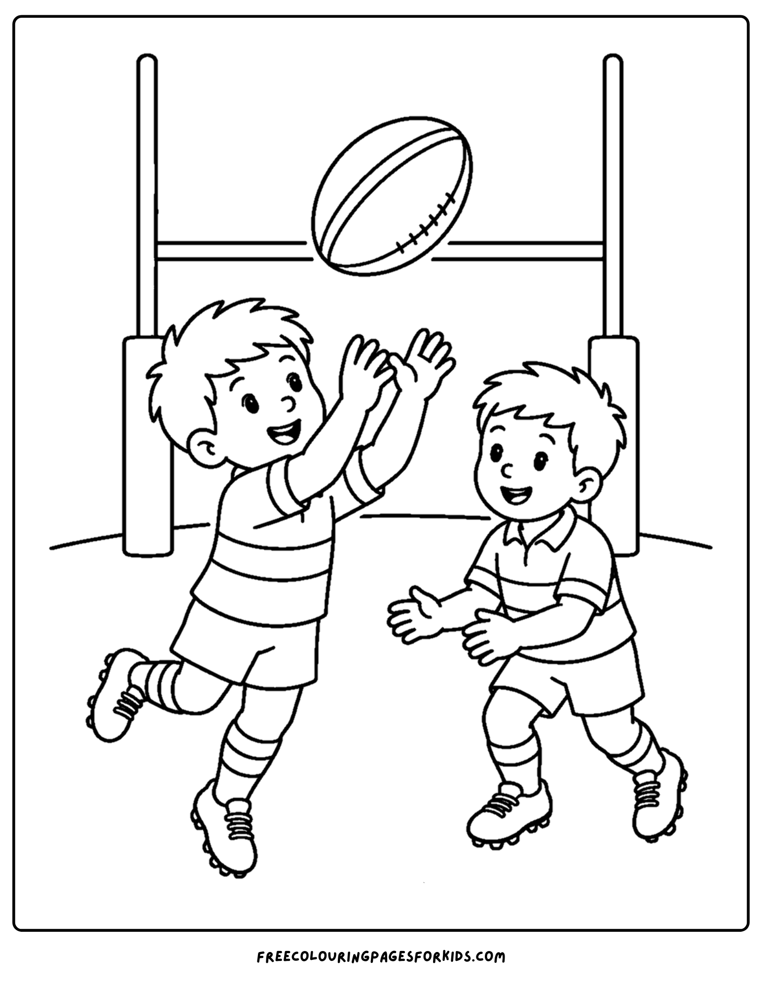 a coloring page of a rugby player about to catch the ball