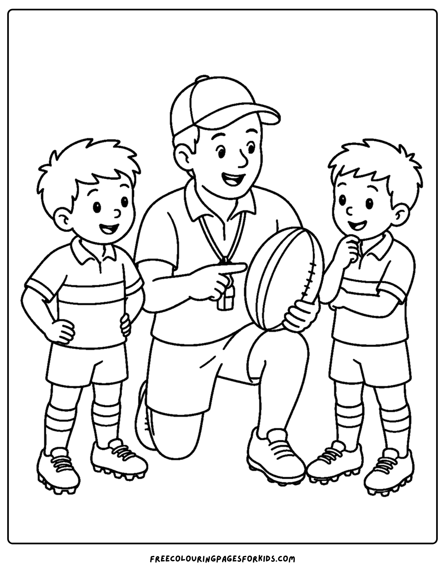 a coloring page of a rugby player coach giving instructions