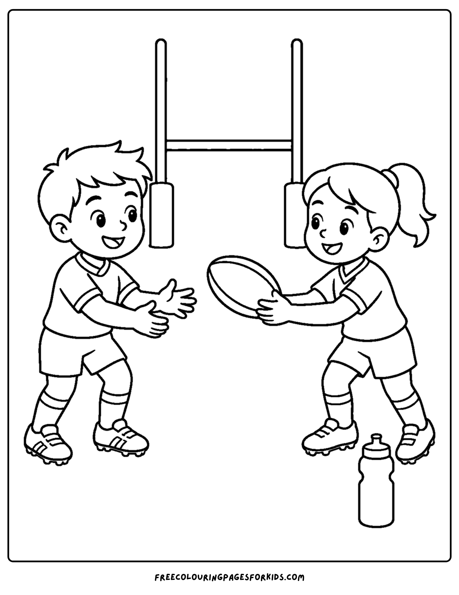 a coloring page of a rugby player passing the ball to a team mate