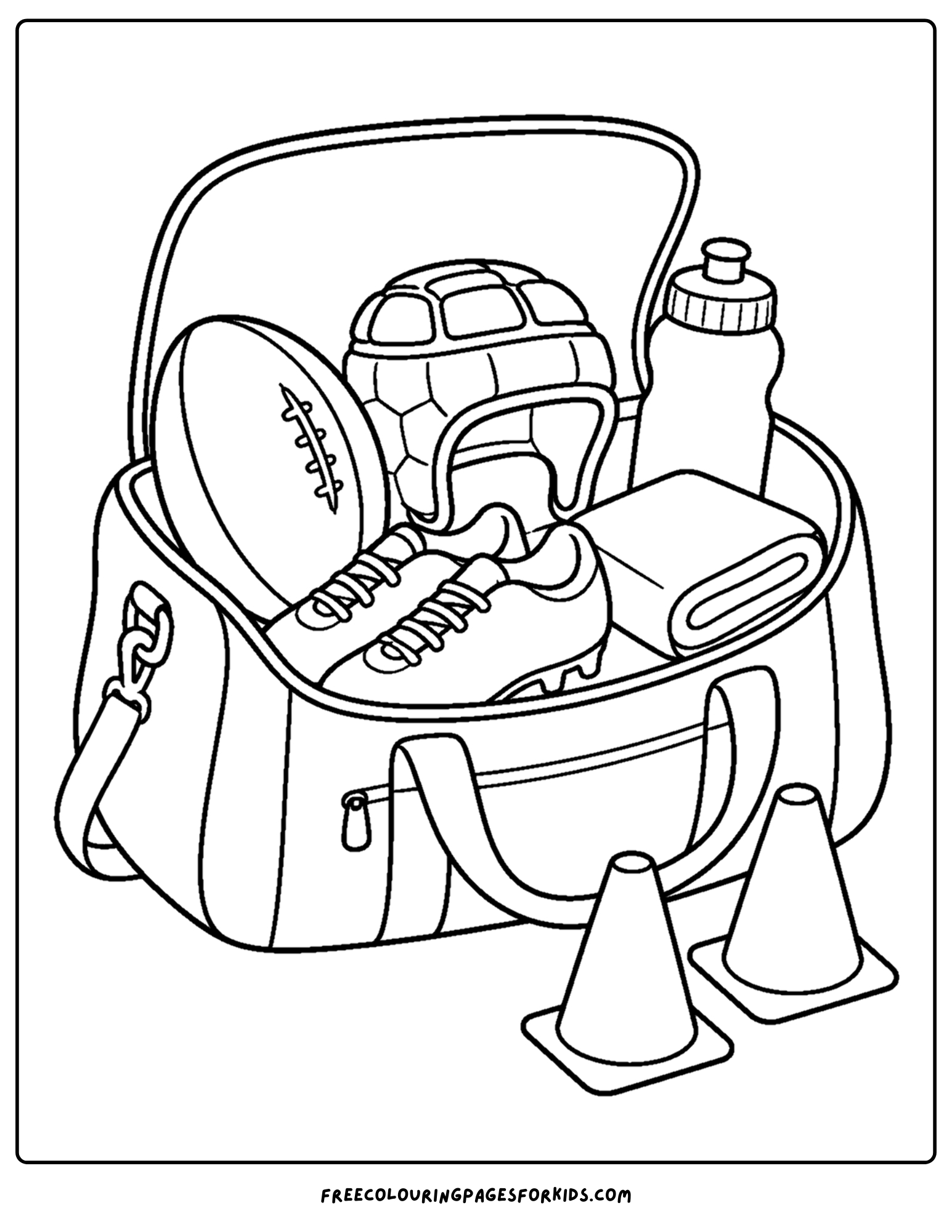 a coloring page of a rugby bag full of gear
