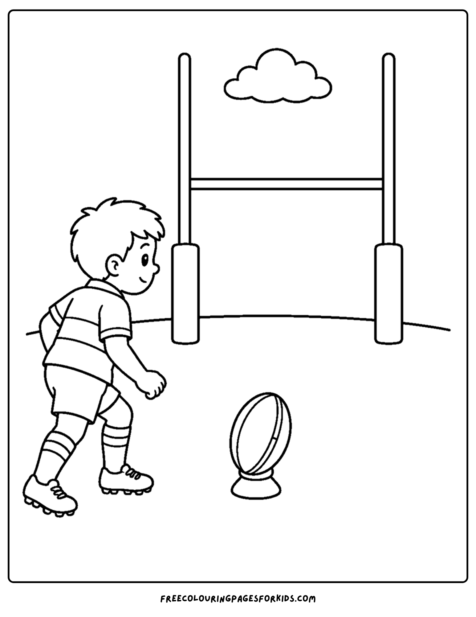 a coloring page of a rugby player taking a goal kick