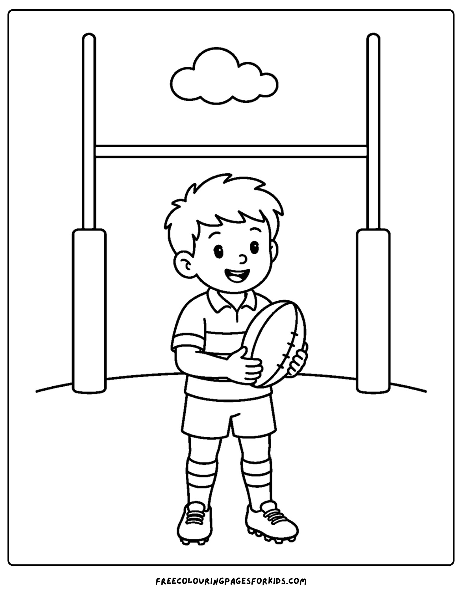 a coloring page of a rugby player setting up for a goal kick