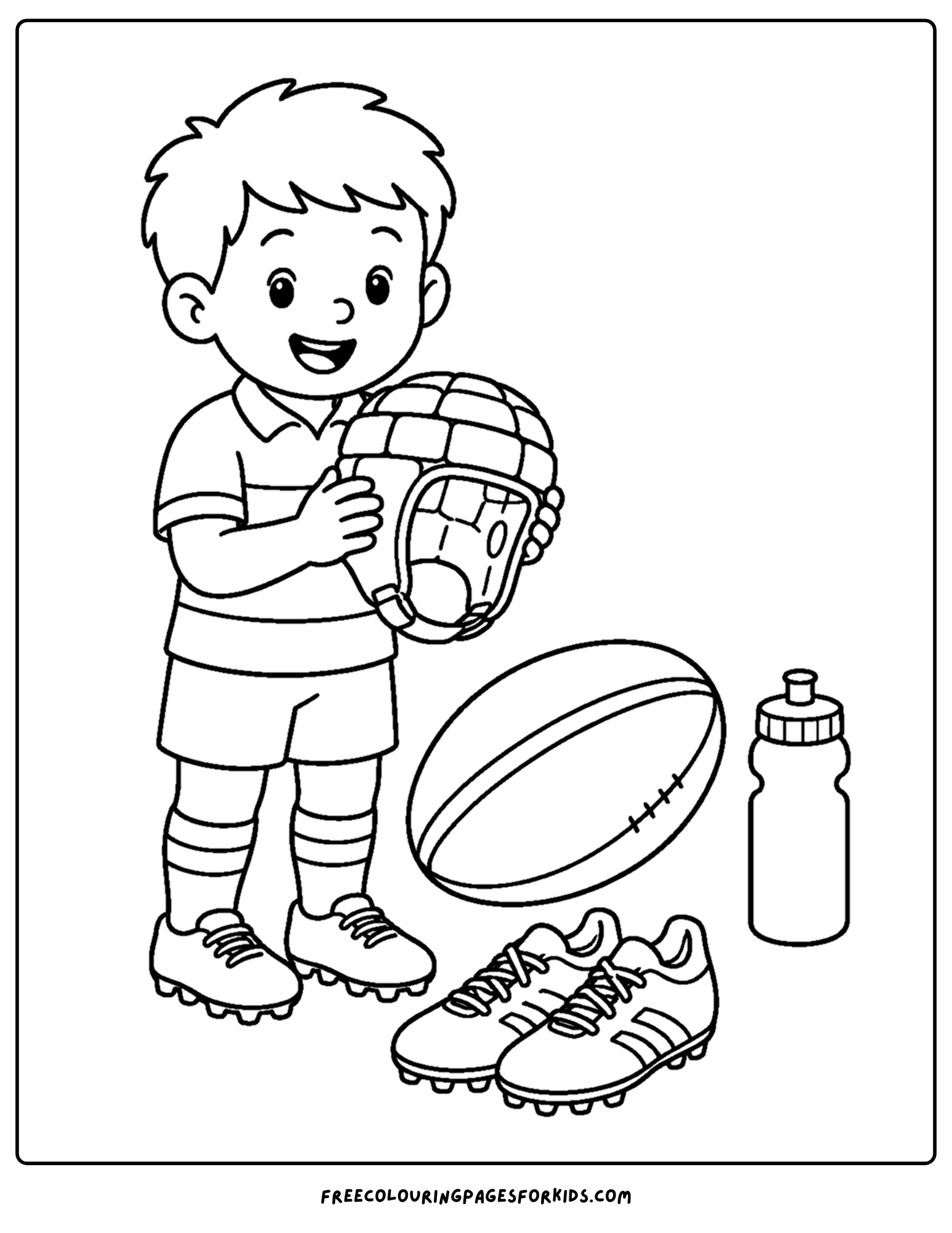 a coloring page of a rugby player putting on their head gear