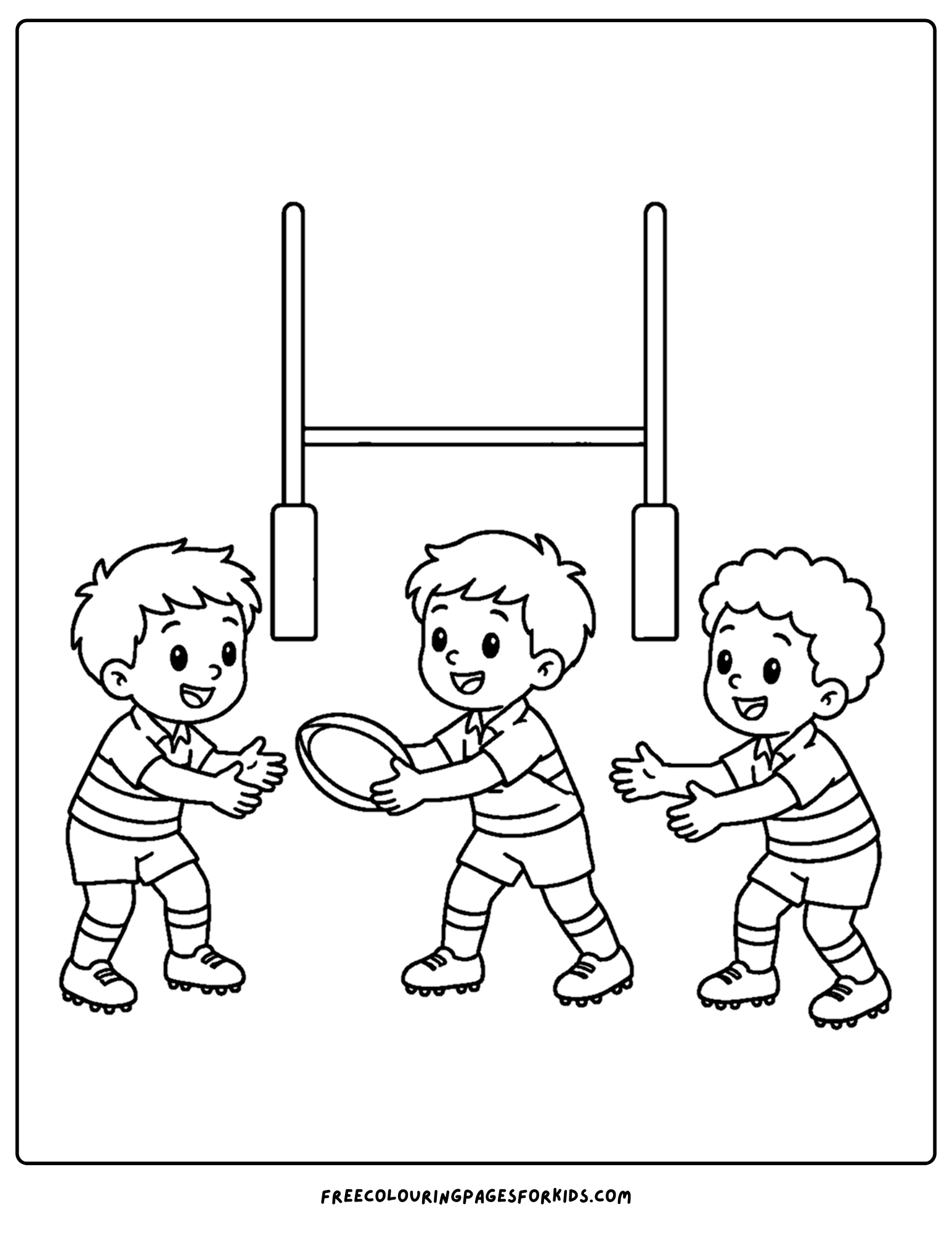 a coloring page of a rugby player doing a passing drill with their team
