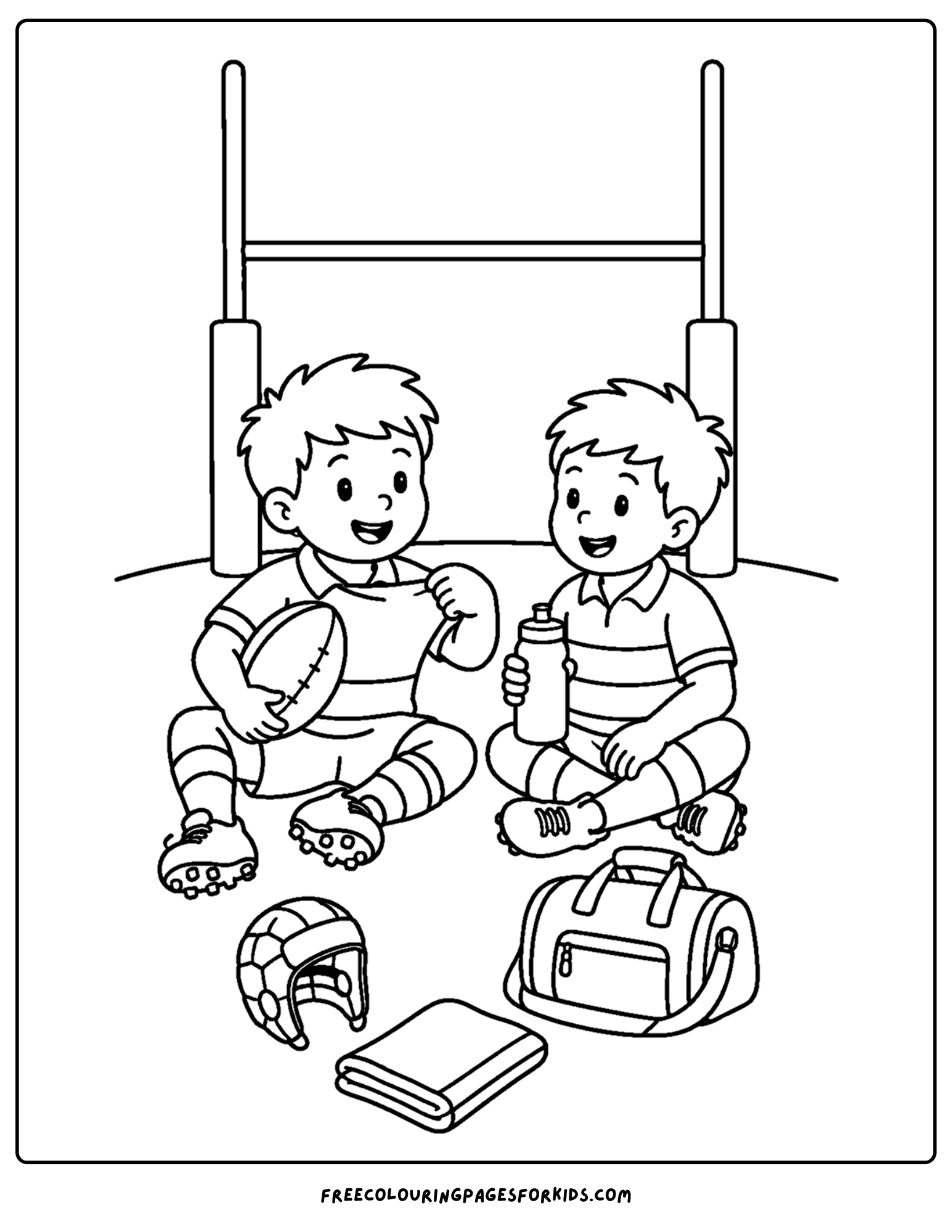 a coloring page of a rugby player and a friend having a lunch break