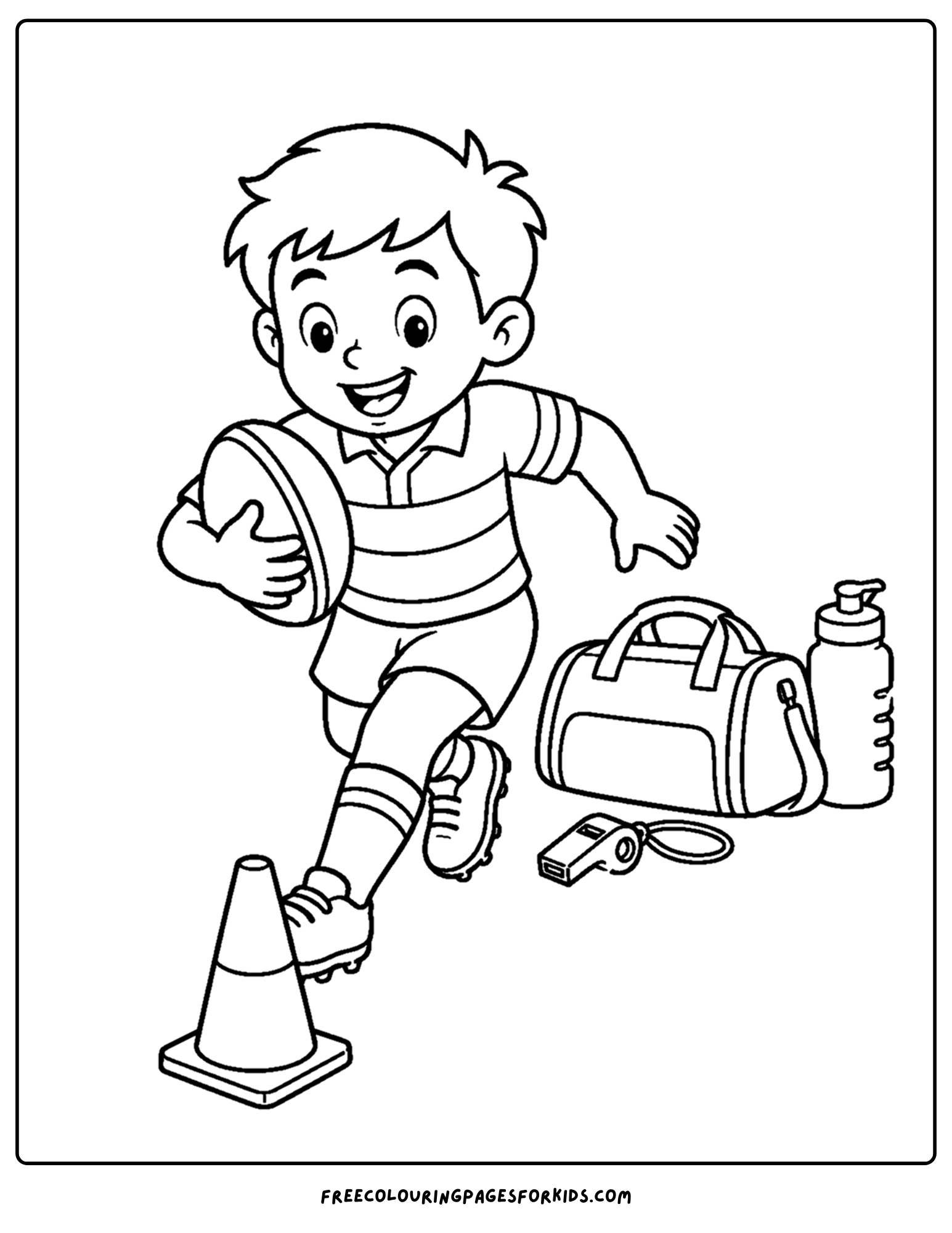 a coloring page of a rugby player running a cone drill