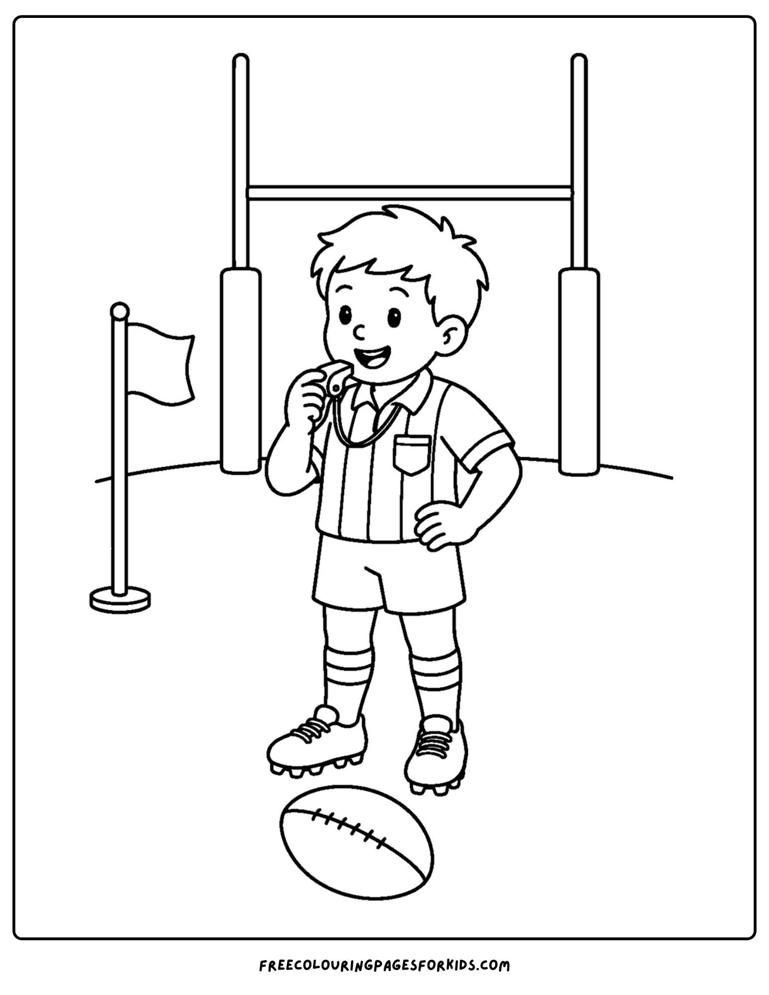 a coloring page of a rugby umpire blowing their whistle