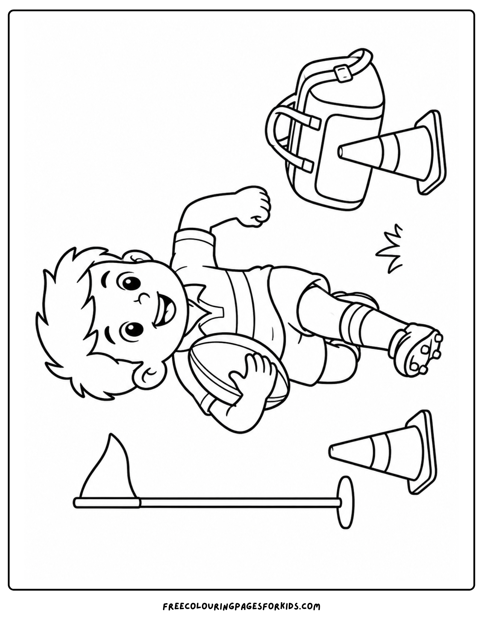 a coloring page of a rugby player running with the ball