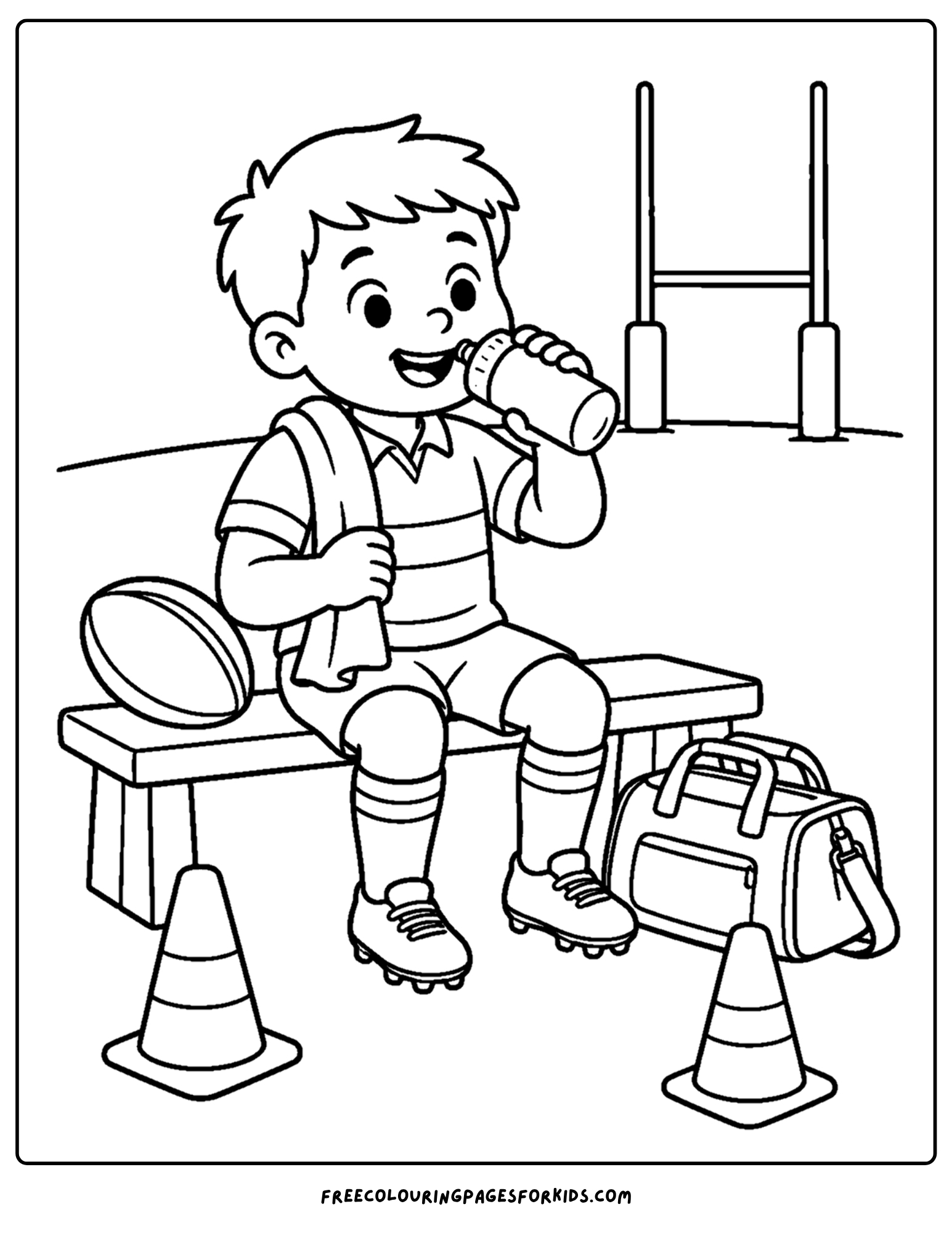 a coloring page of a rugby player taking a water break