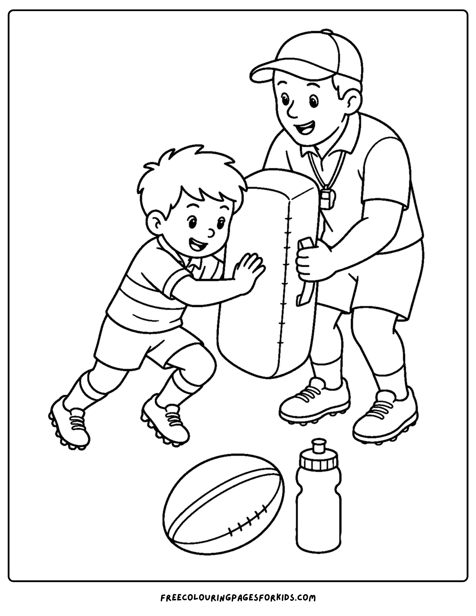 a coloring page of a rugby player practicing on the tackle pad