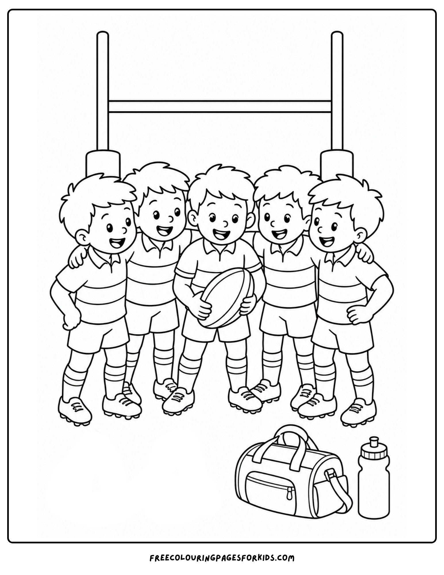 a coloring page of a rugby player team huddle