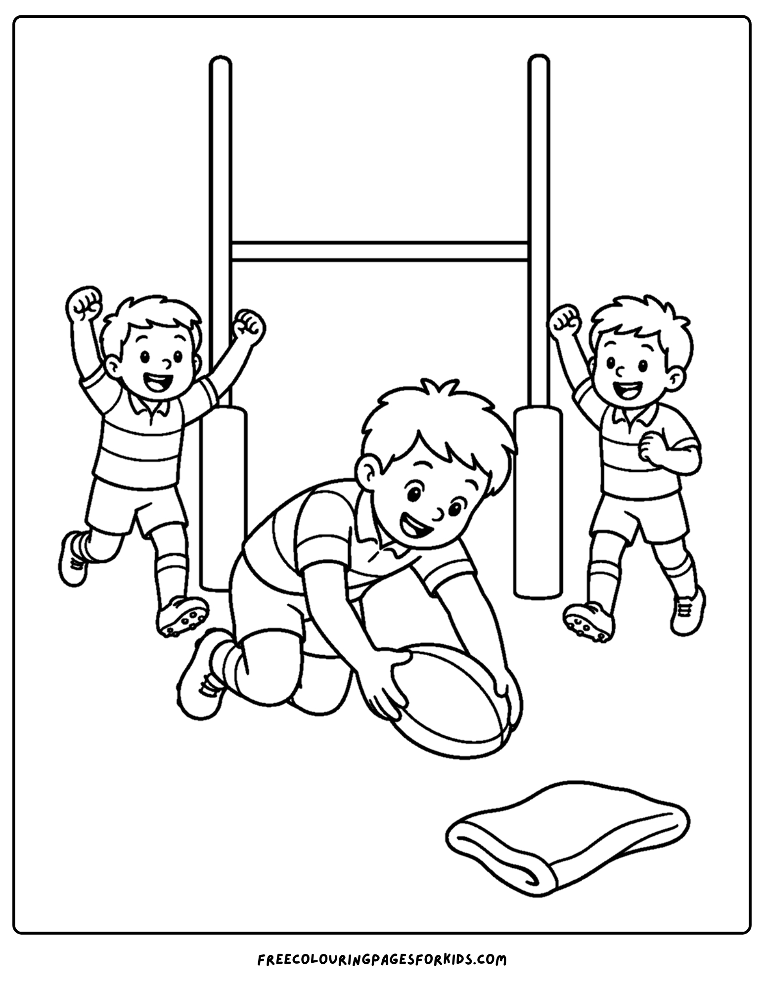 a coloring page of a rugby player making a try with the team celebrating in the background