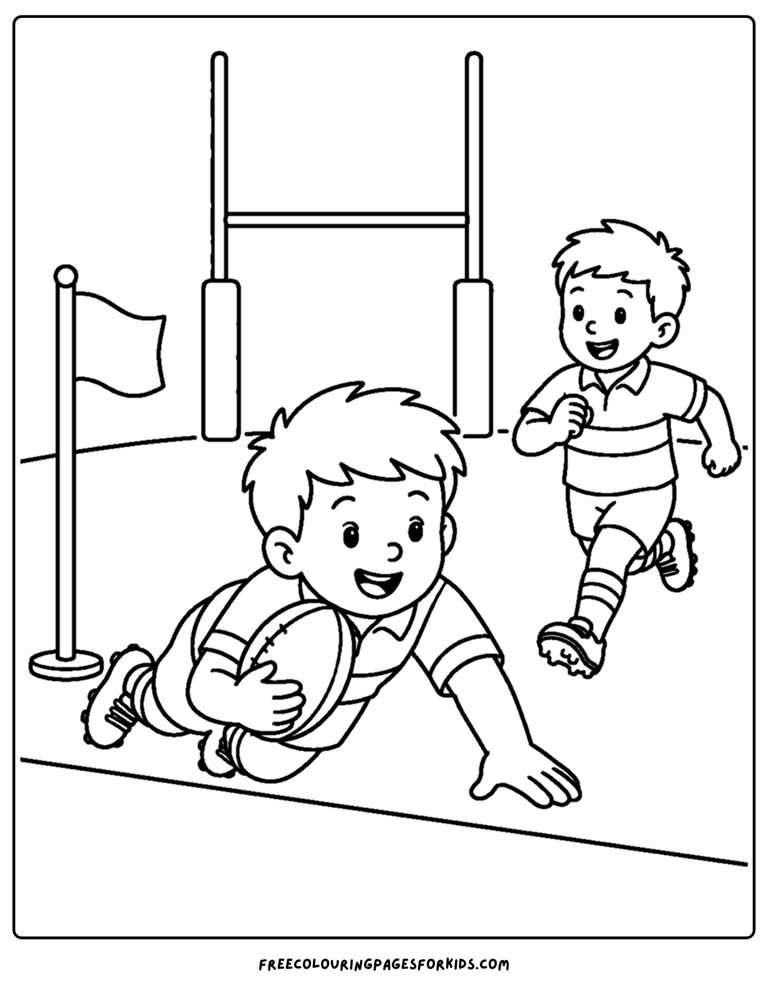 a coloring page of a rugby player making a try