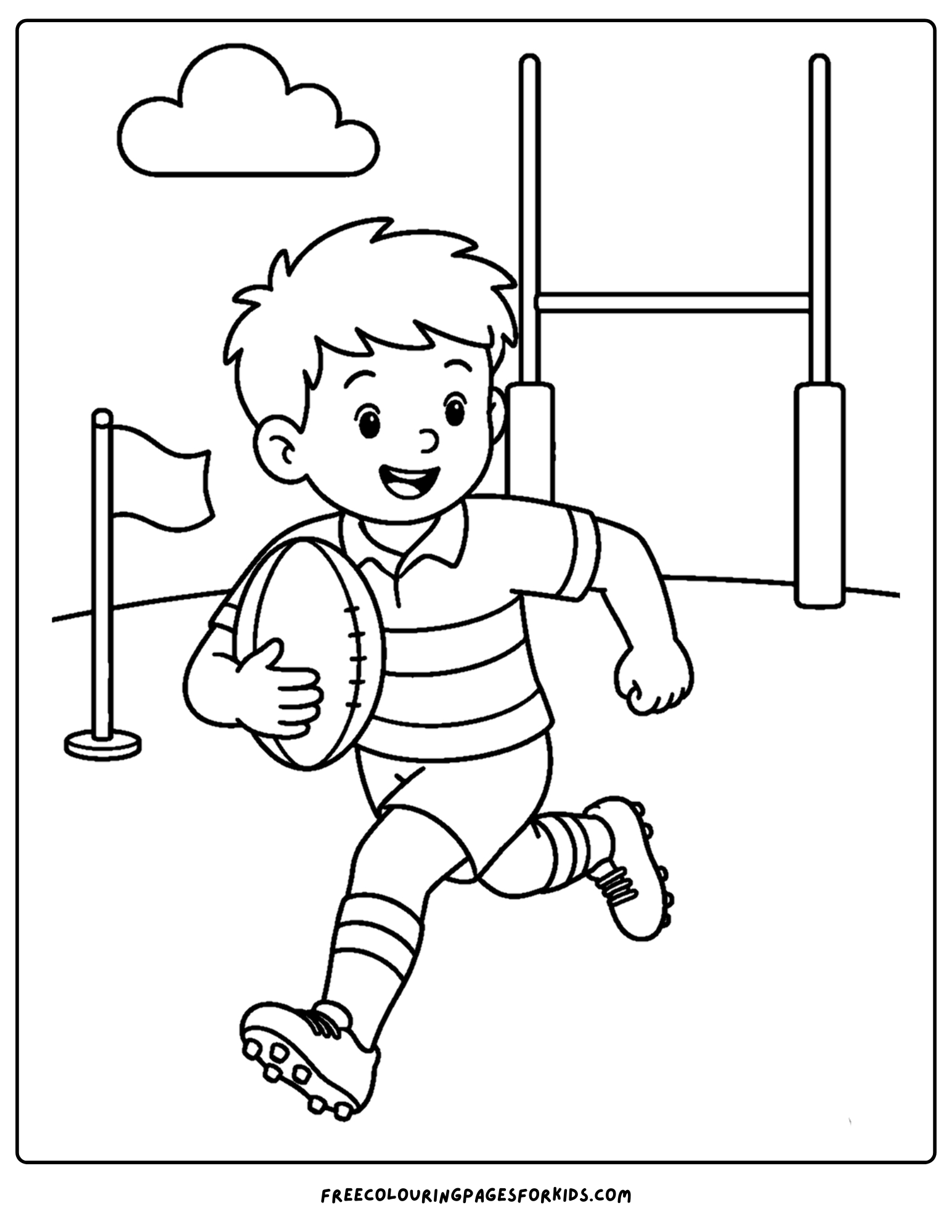 a coloring page of a rugby player running to the try line