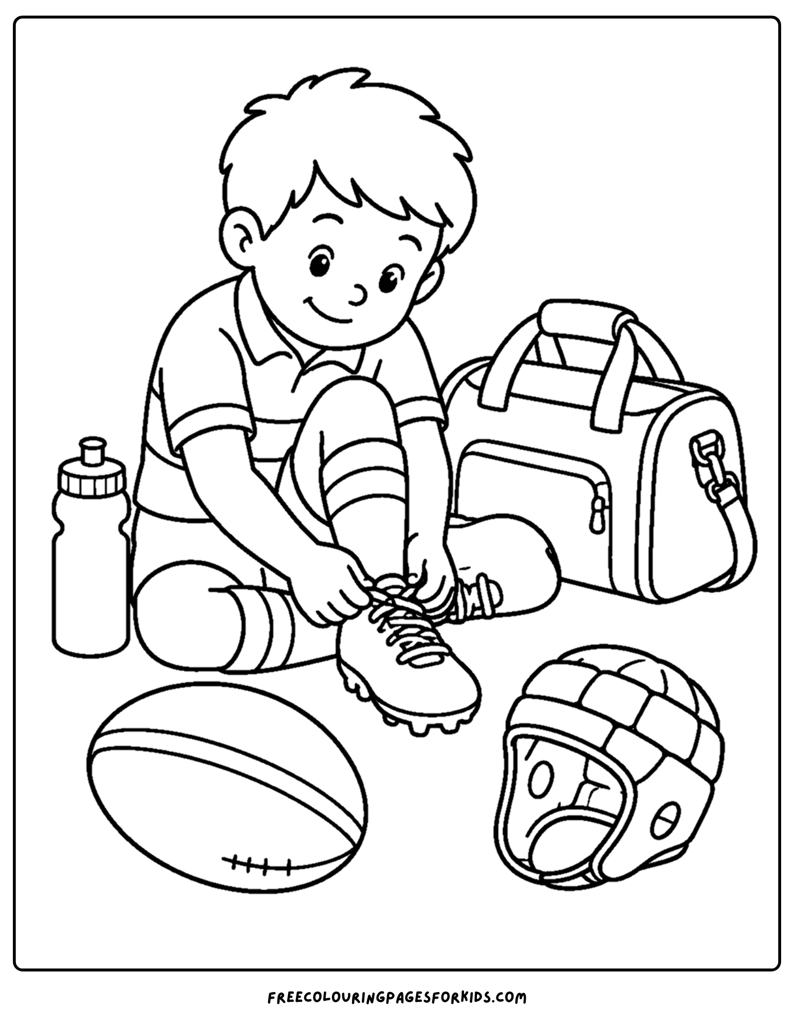 a coloring page of a rugby player doing up their boots
