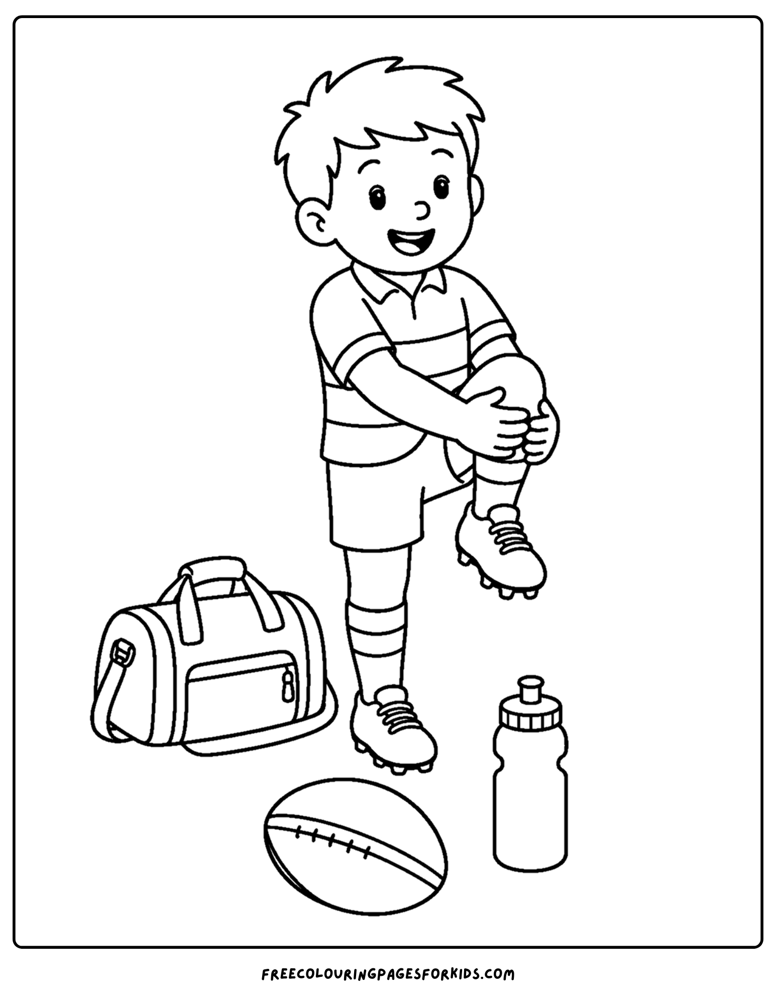 a coloring page of a rugby player doing a warmup stretch