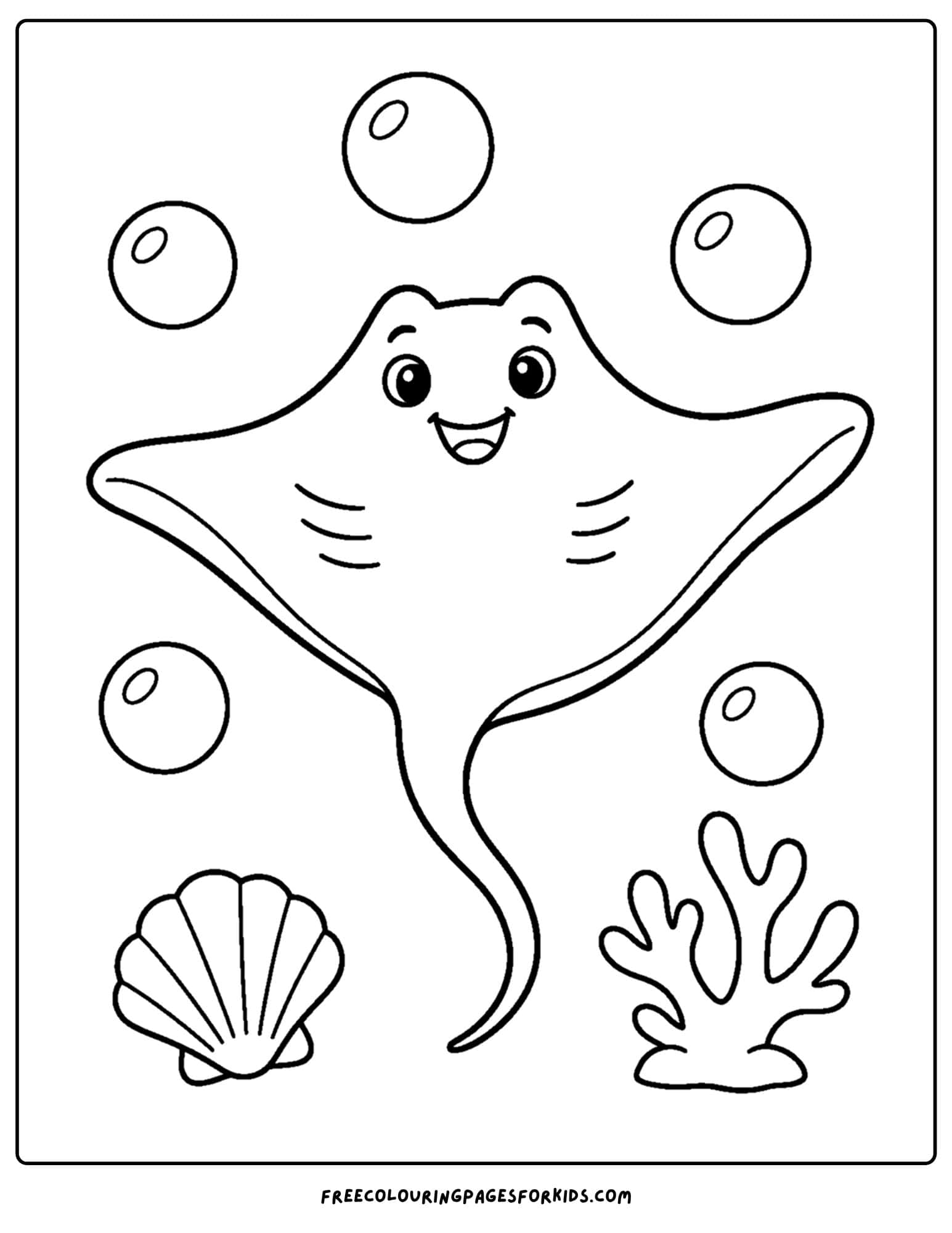 a coloring page of a stingray swimming through bubbles
