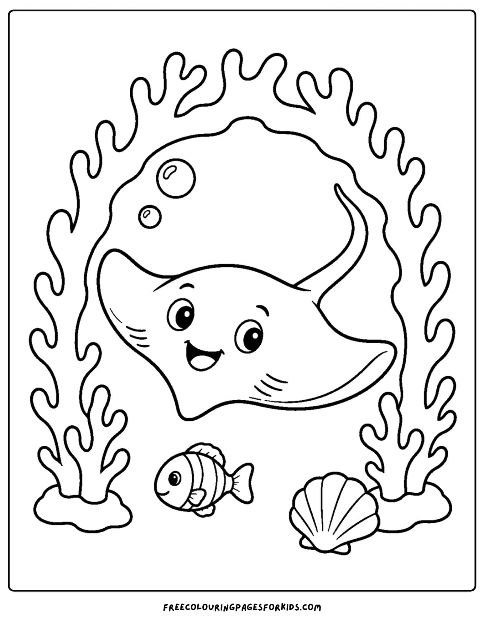 a coloring page of a stingray going through a coral arch
