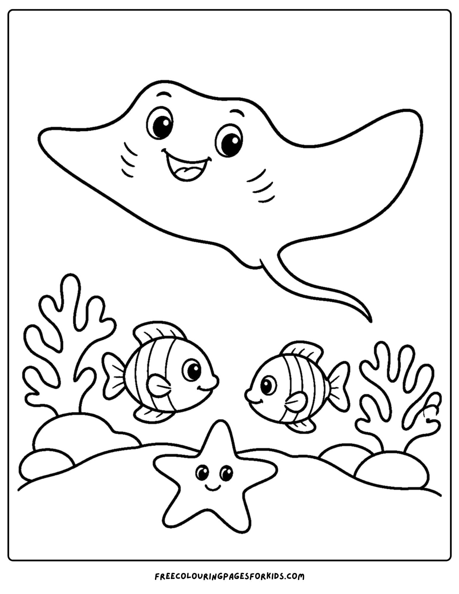 a coloring page of a stingray with coral, fish and a starfish