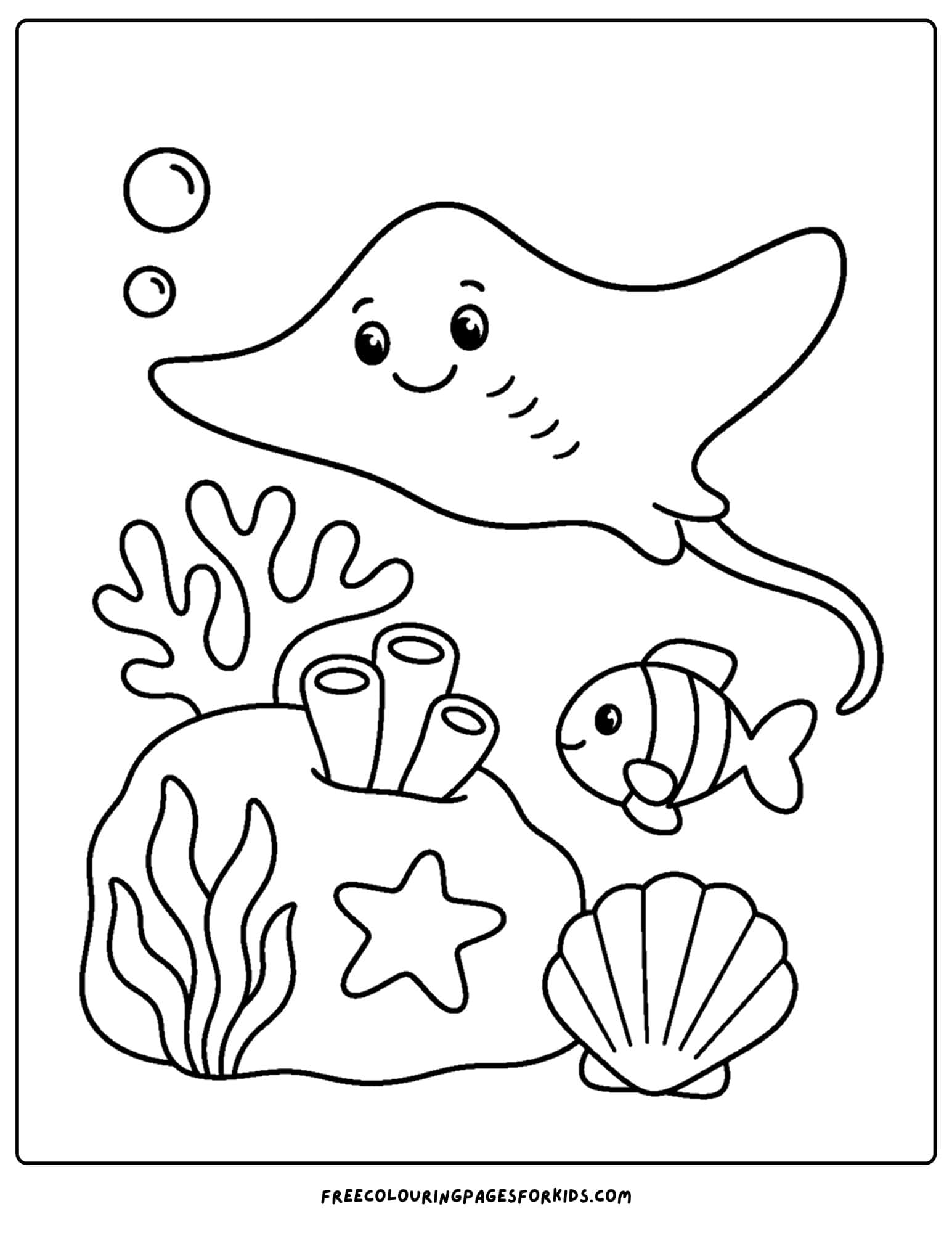 a coloring page of a stingray swimming over a big rock with coral on it