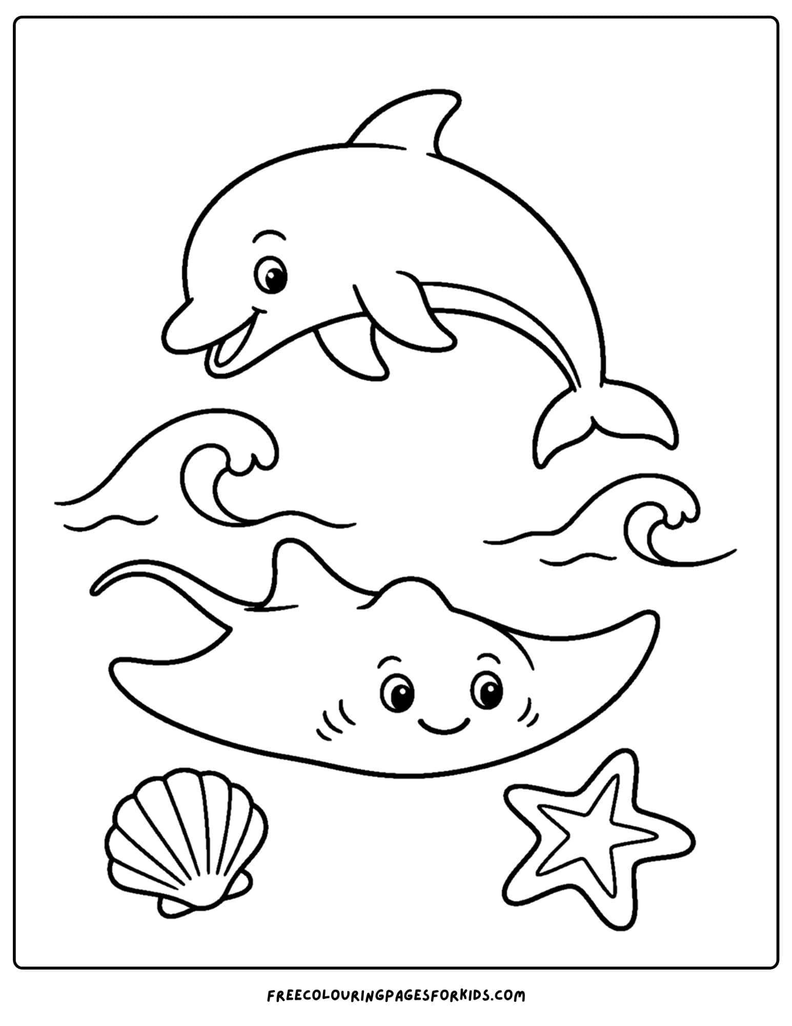 a coloring page of a stingray and a dolphin friend