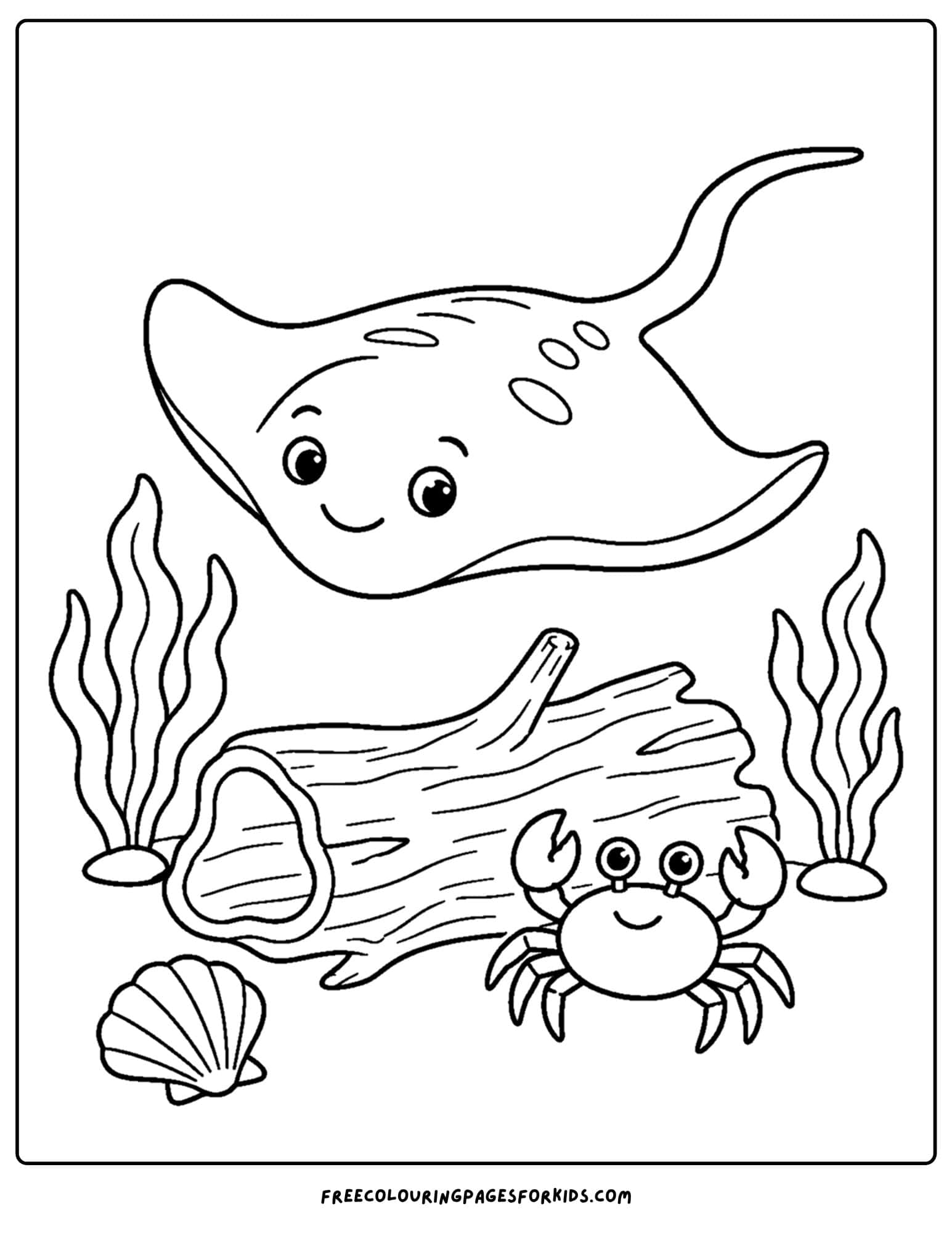 a coloring page of a stingray and some driftwood