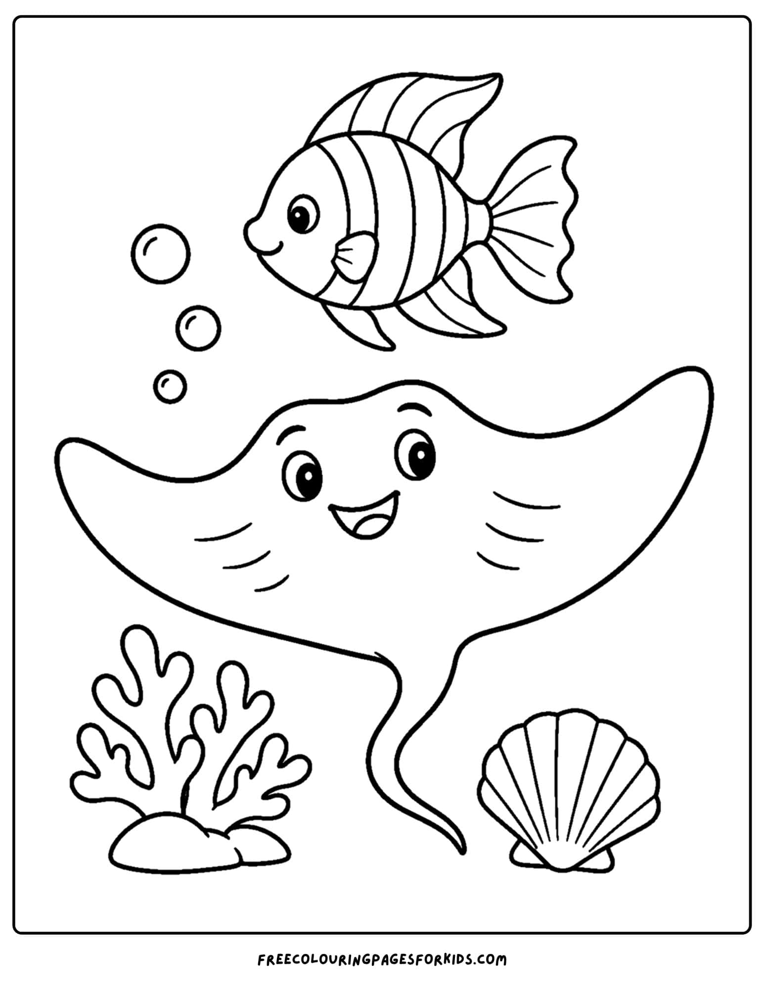 a coloring page of a stingray and a fancy fish