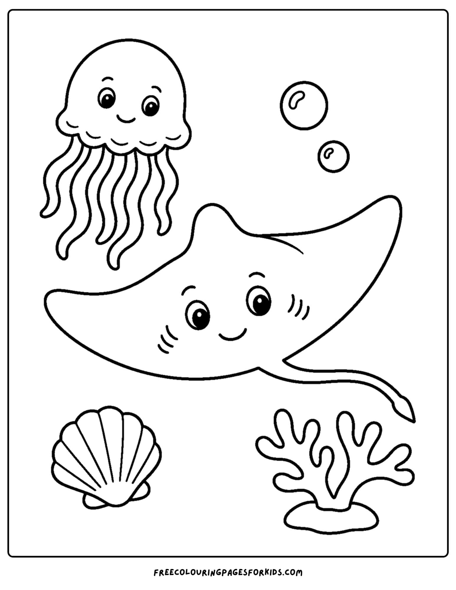 a coloring page of a stingray and a jellyfish
