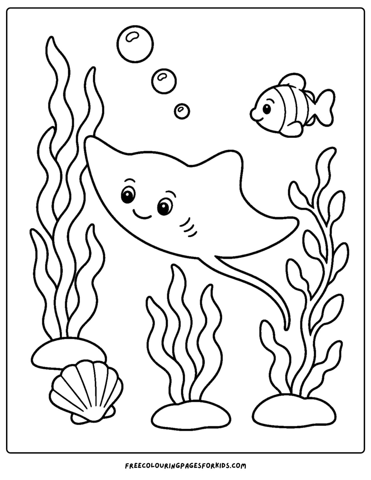 a coloring page of a stingray swimming past kelp