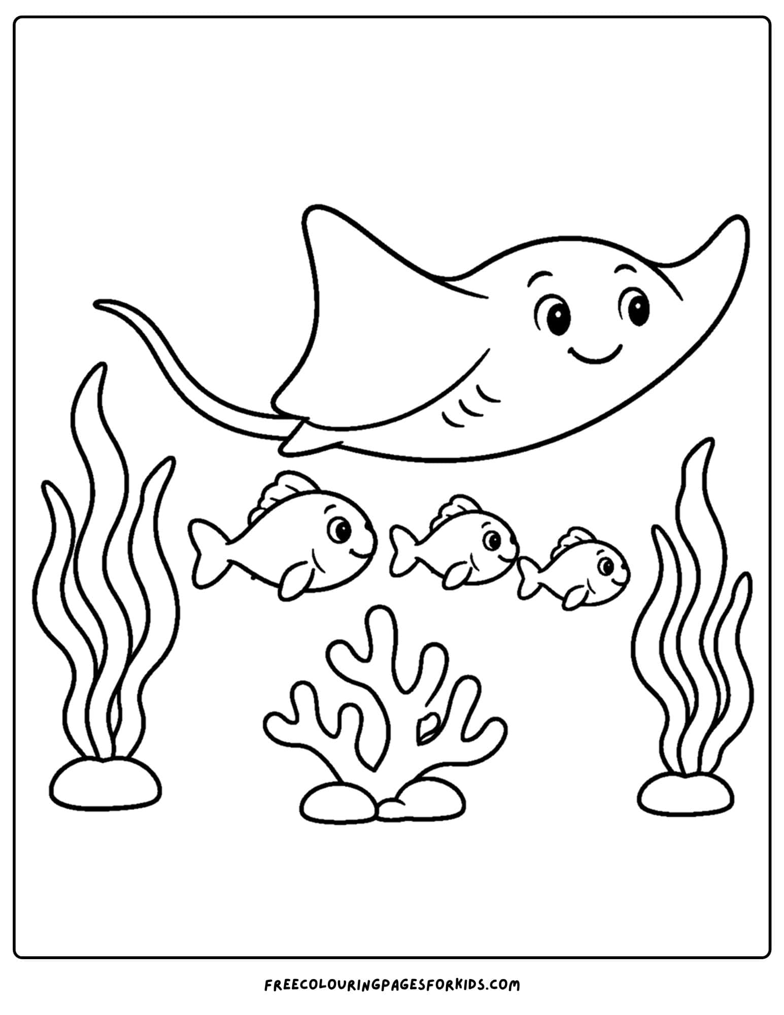 a coloring page of a stingray and some little fish