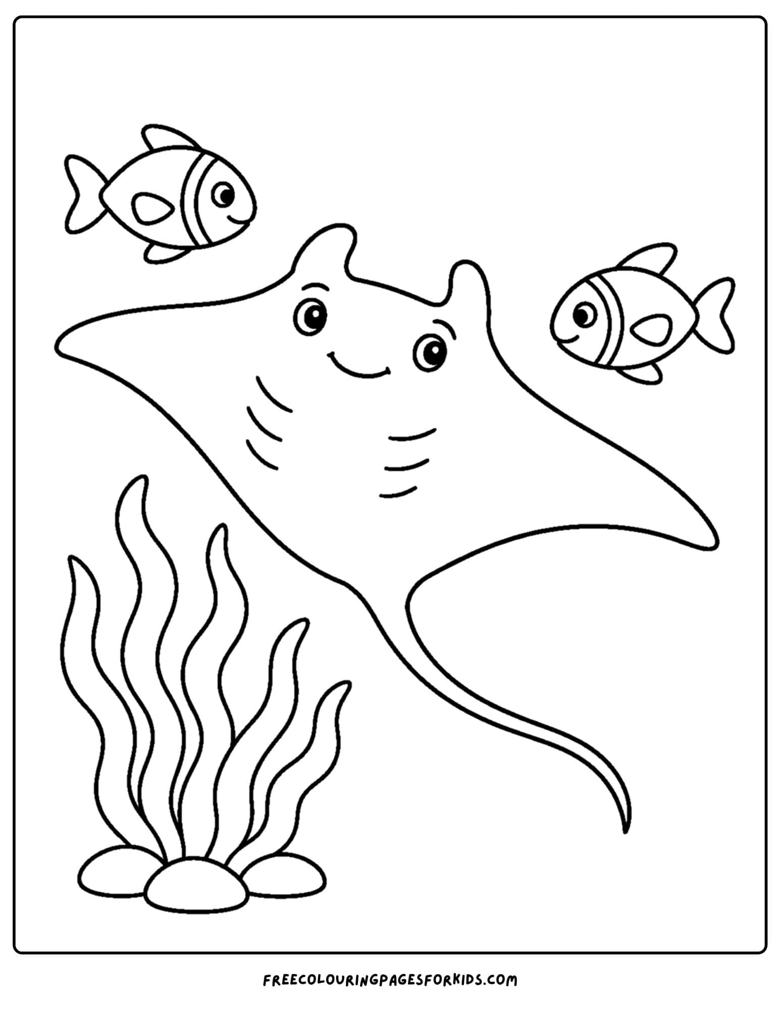 a coloring page of a stingray and some fish