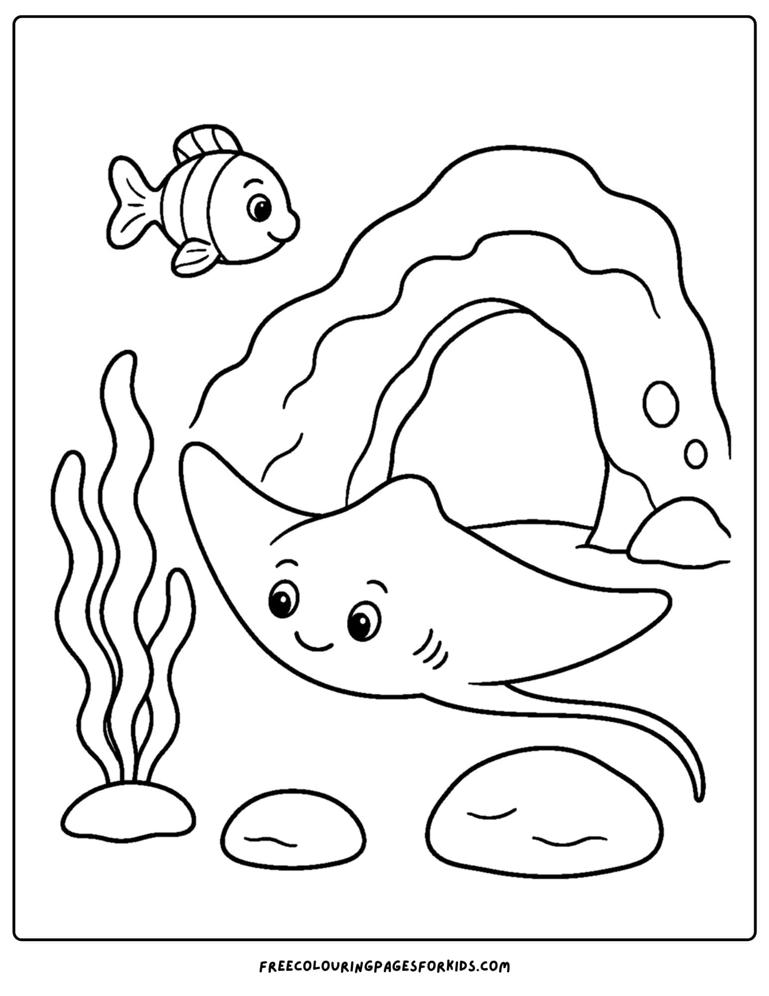 a coloring page of a stingray swimming past a cave
