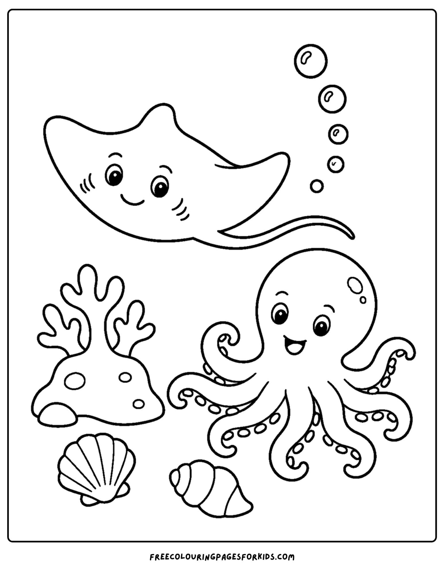 a coloring page of a stingray and an octopus