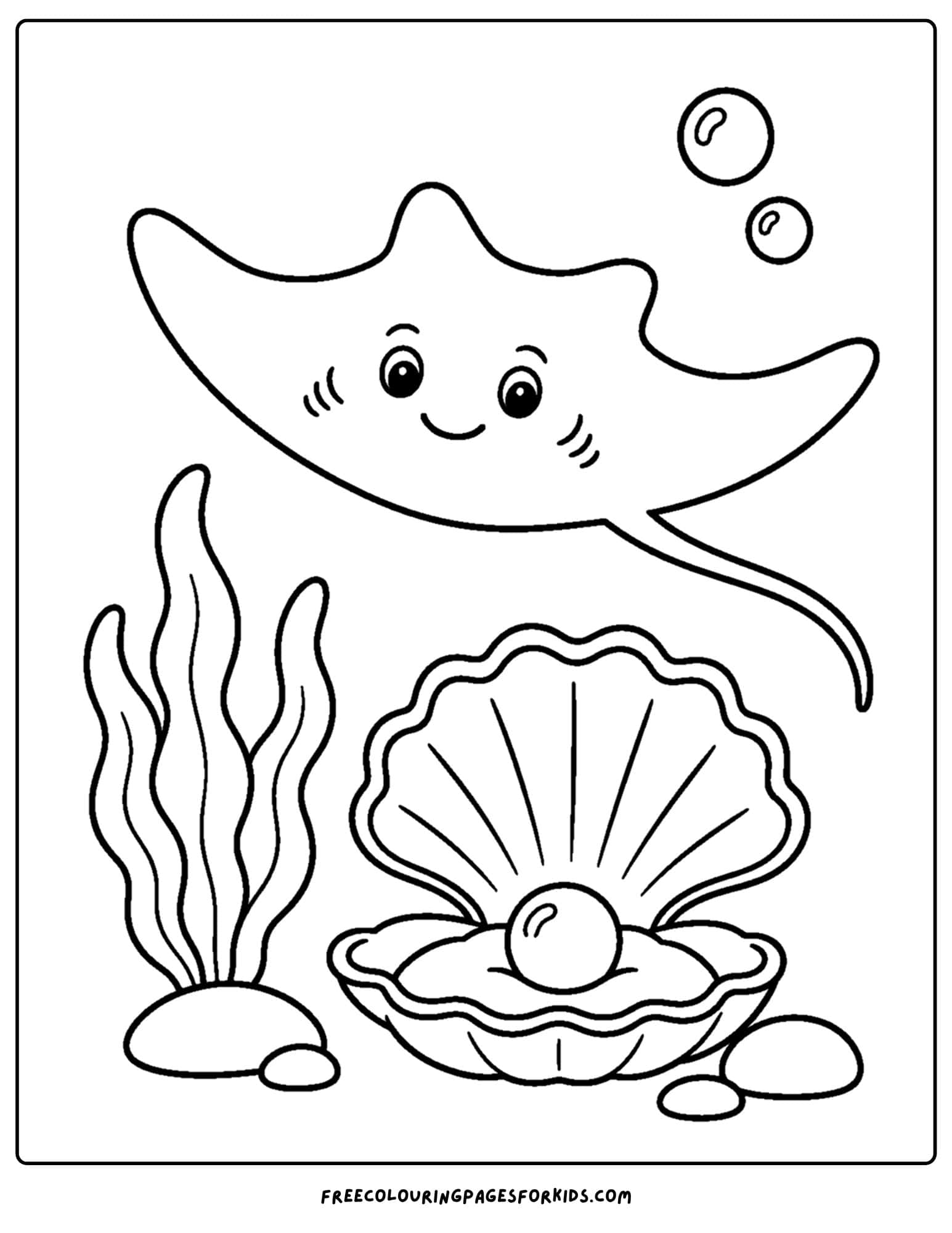 a coloring page of a stingray and a clam with a big pearl