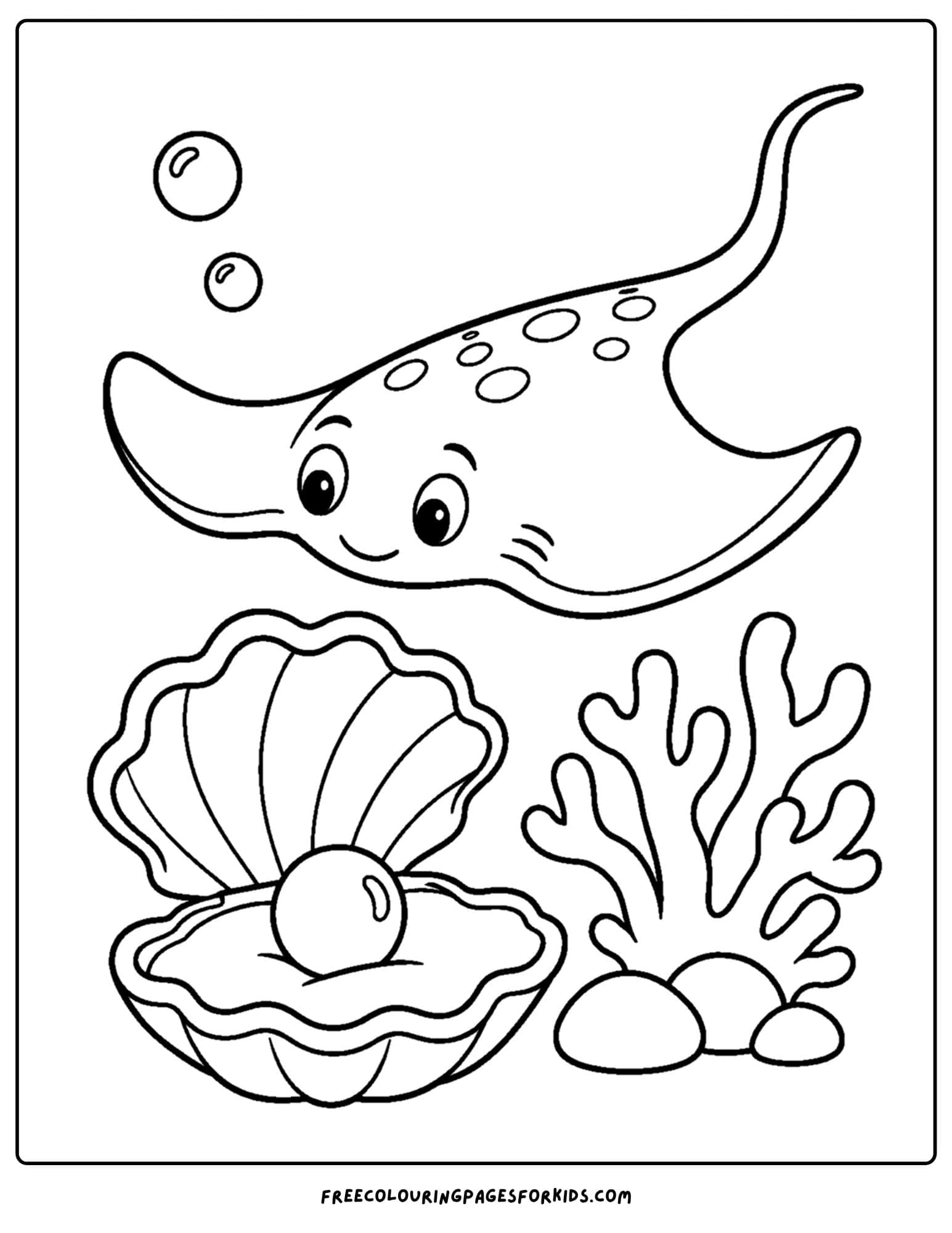 a coloring page of a stingray with coral and a clam and pearl